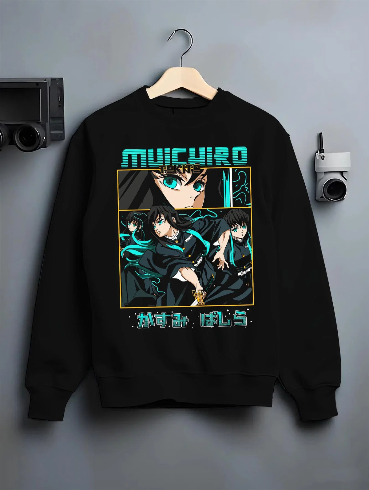 Black crewneck sweatshirt on hanger featuring Muichiro Tokito Mist Hashira artwork.