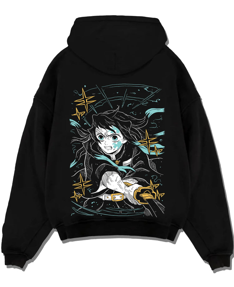 Black pullover hoodie laid flat with Shinobu Kocho Hoodie Demon Slayer Butterfly Grace graphic premium wear.