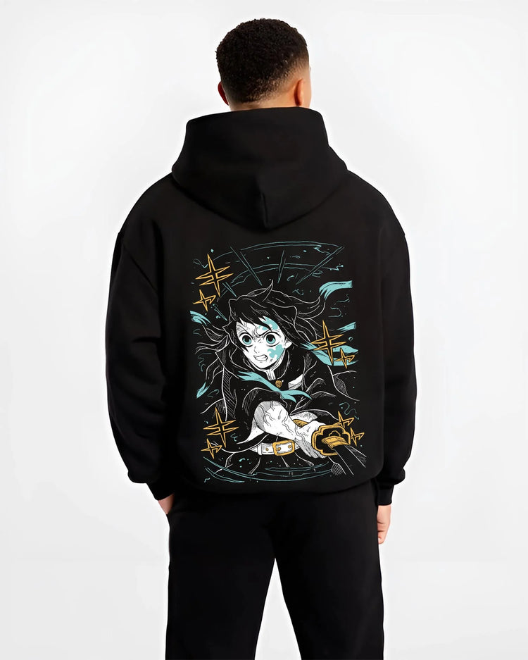Black hoodie worn by male model, back view with Shinobu Kocho Hoodie Demon Slayer Butterfly Grace graphic streetwear graphic.