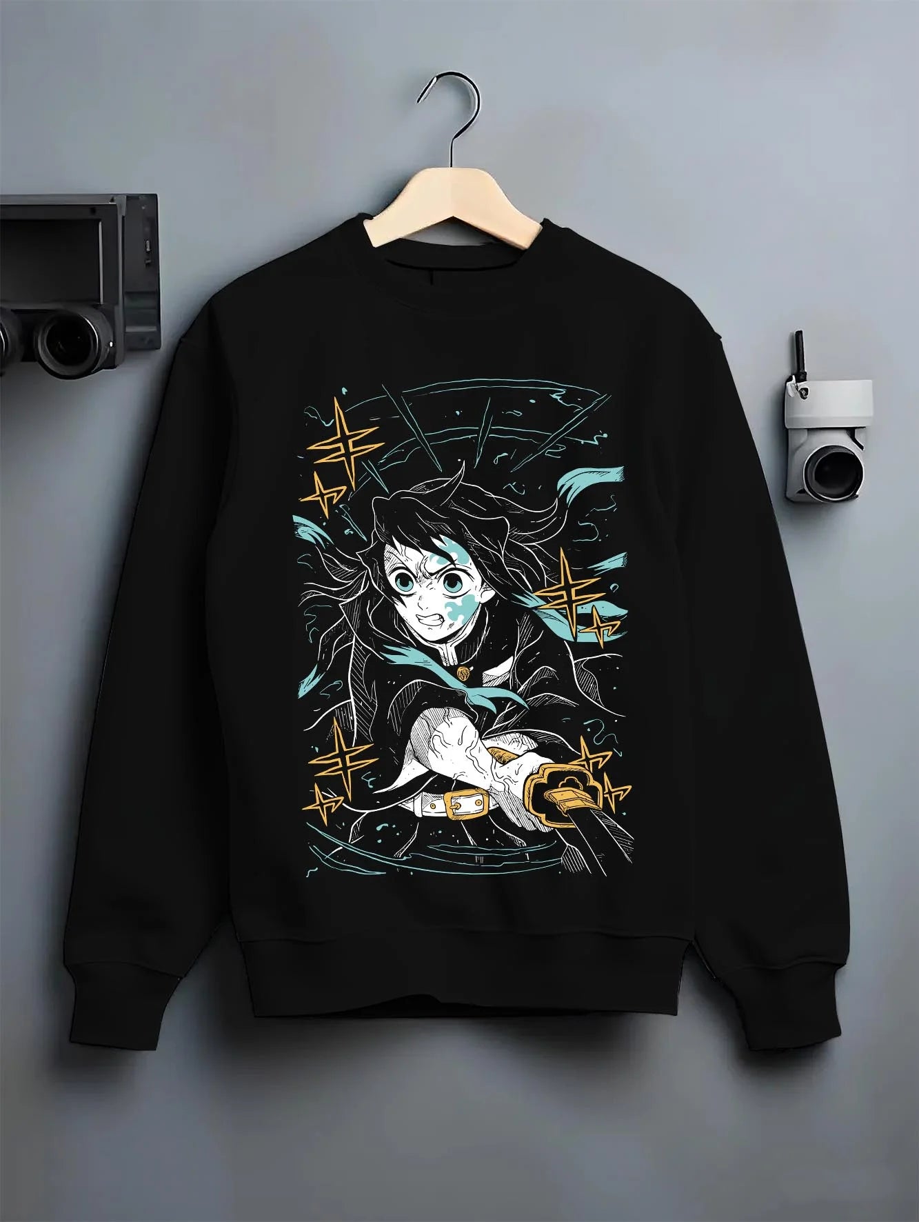 Black crewneck sweatshirt on hanger with Shinobu Kocho Hoodie Demon Slayer Butterfly Grace graphic premium wear.