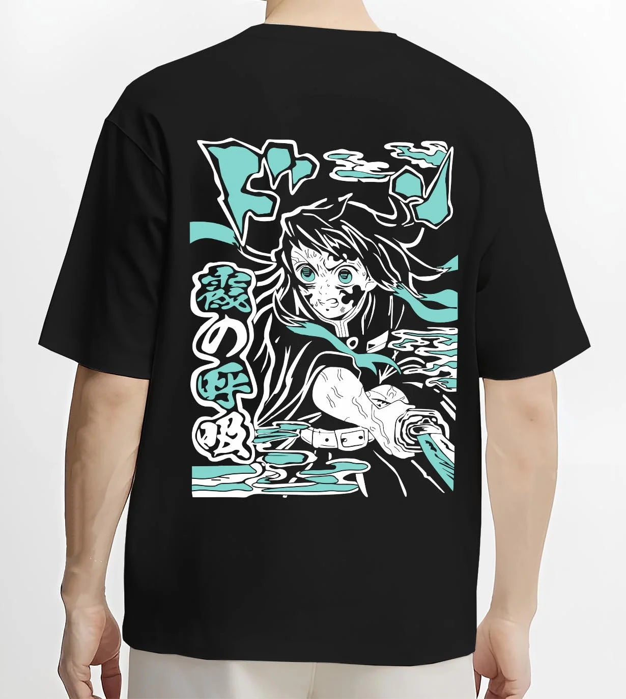 Black T-shirt worn by male model, back view with Nezuko Kamado Hoodie Demon Slayer Transformation graphic bold anime graphic.