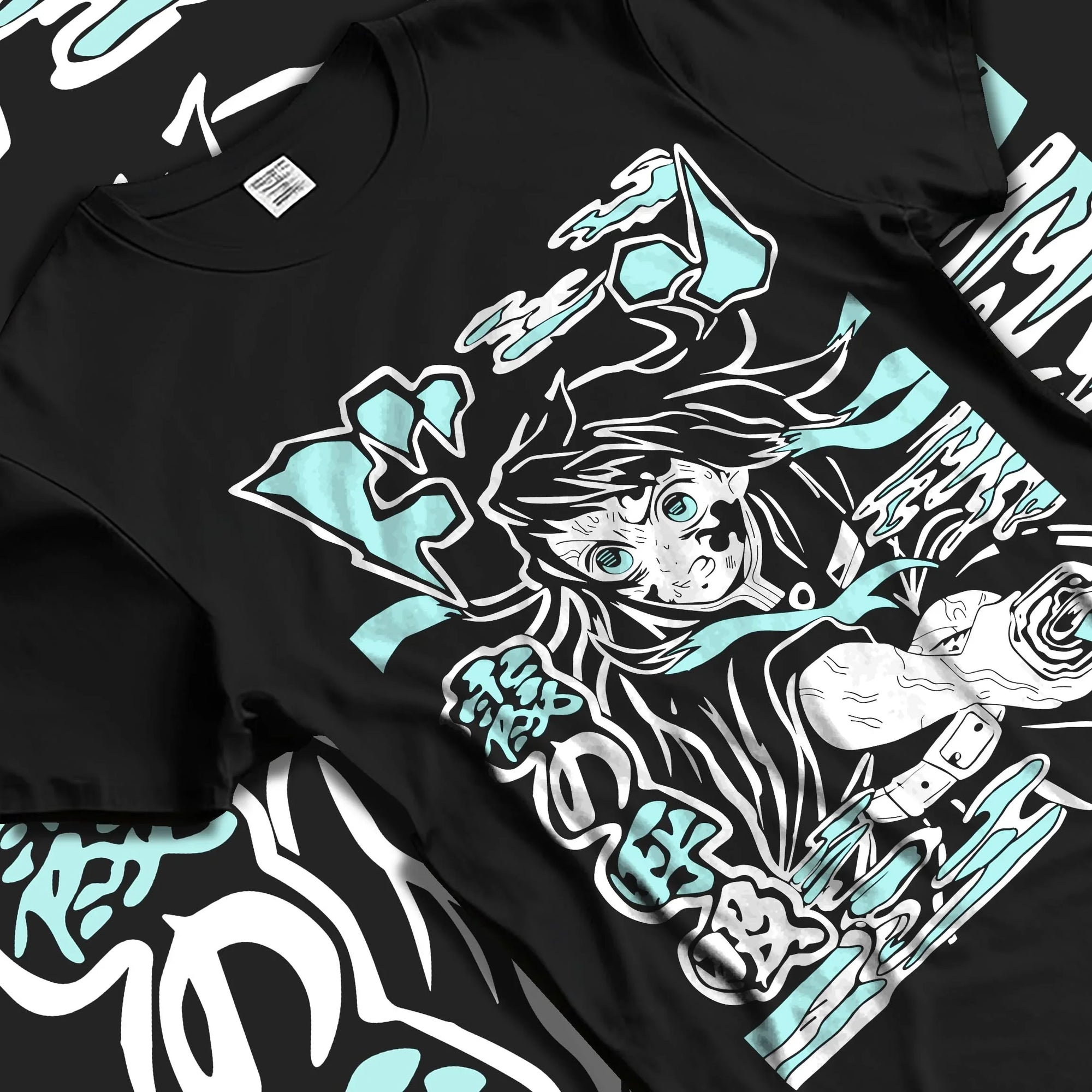 Black T-shirt laid flat with natural folds with Nezuko Kamado Hoodie Demon Slayer Transformation graphic bold anime graphic.