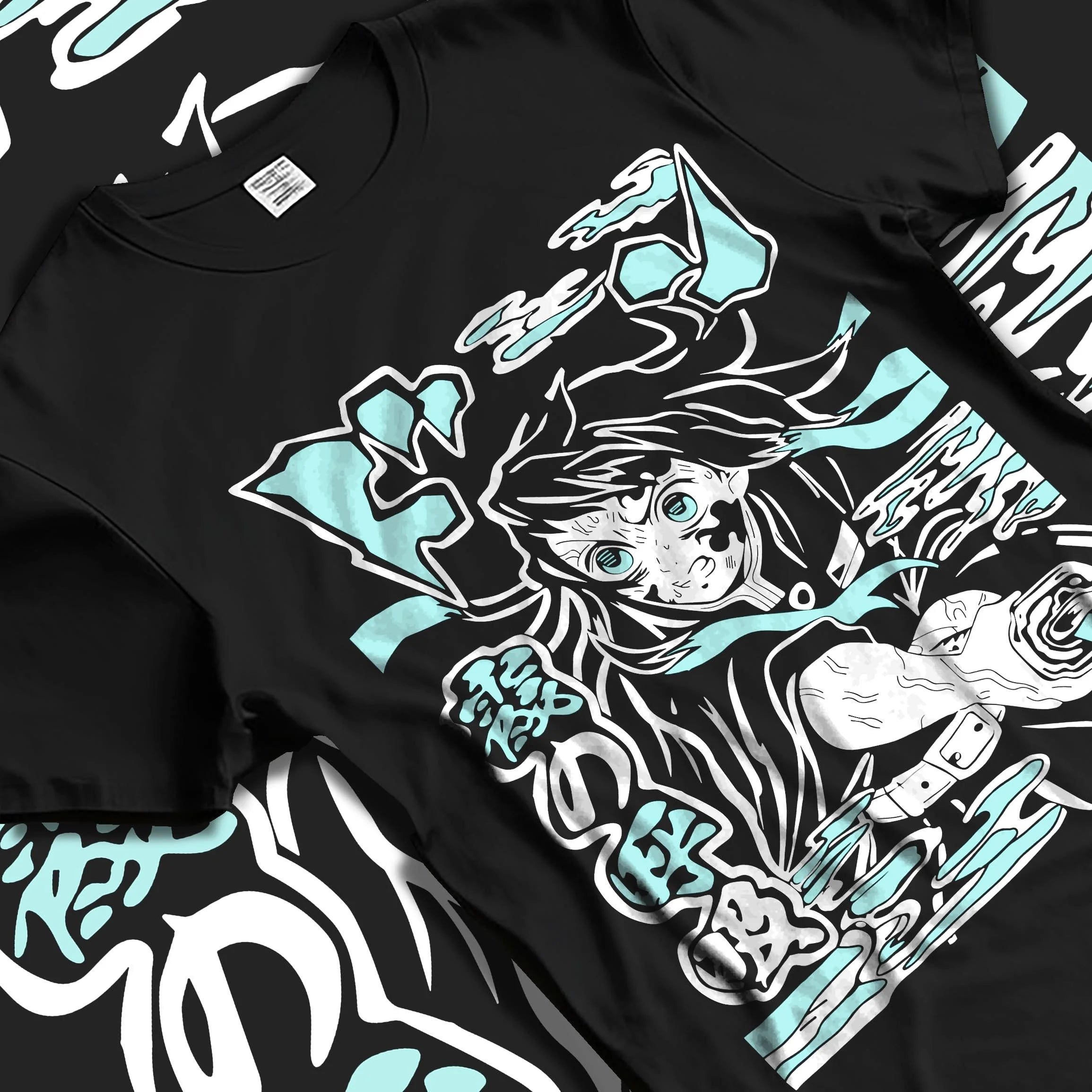 Black T-shirt laid flat with natural folds with Nezuko Kamado Hoodie Demon Slayer Transformation graphic bold anime graphic.
