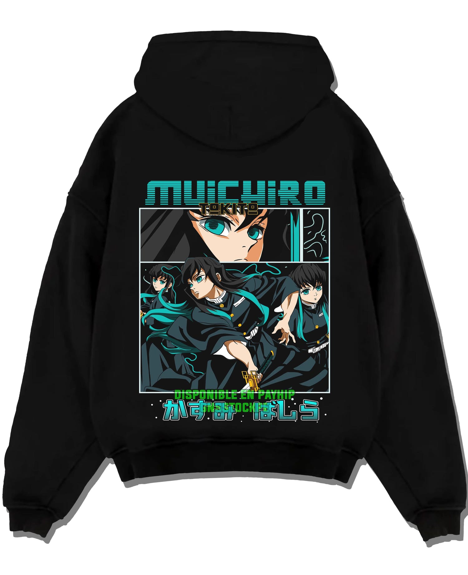 Black pullover hoodie laid flat with Muichiro Tokito Hoodie Demon Slayer Mist Hashira graphic bold anime graphic.