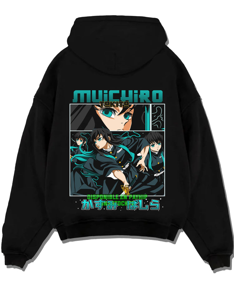 Black pullover hoodie laid flat with Muichiro Tokito Hoodie Demon Slayer Mist Hashira graphic bold anime graphic.