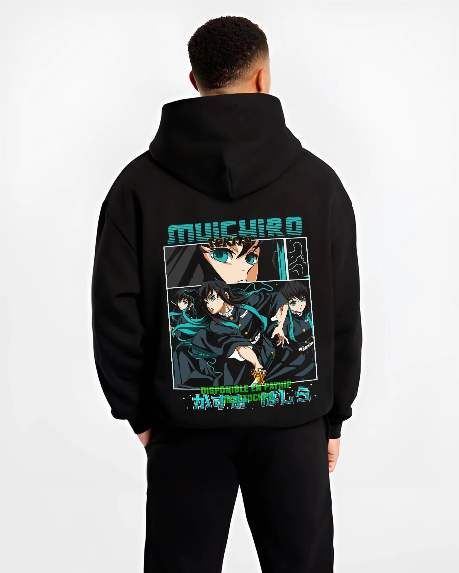 Black hoodie worn by male model, back view with Muichiro Tokito Hoodie Demon Slayer Mist Hashira graphic premium wear.