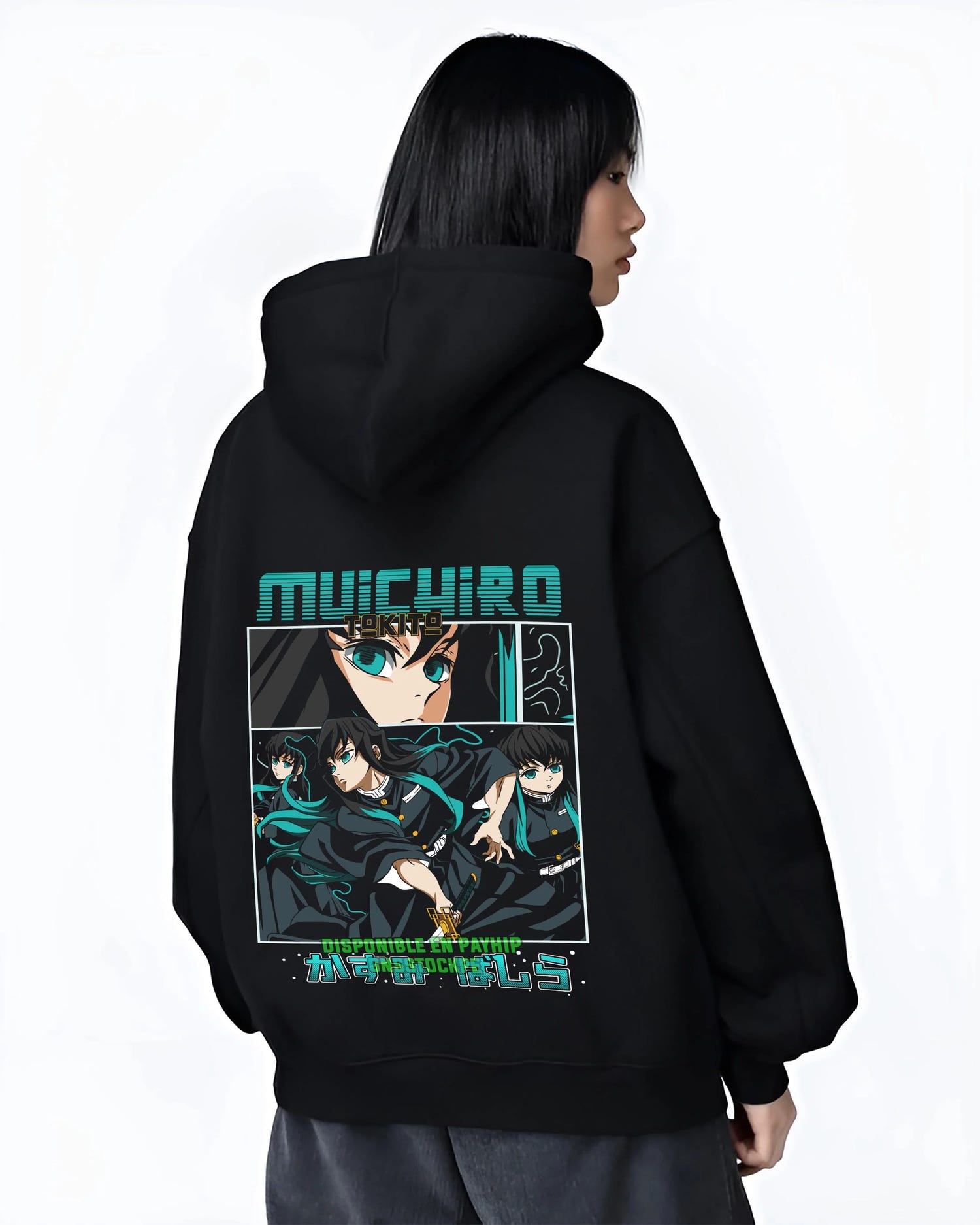 Black hoodie worn by female model, back view with Muichiro Tokito Hoodie Demon Slayer Mist Hashira graphic premium wear.