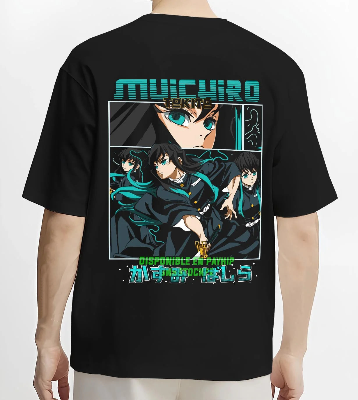 Black T-shirt worn by male model, back view with Muichiro Tokito Hoodie Demon Slayer Mist Hashira graphic bold anime graphic.