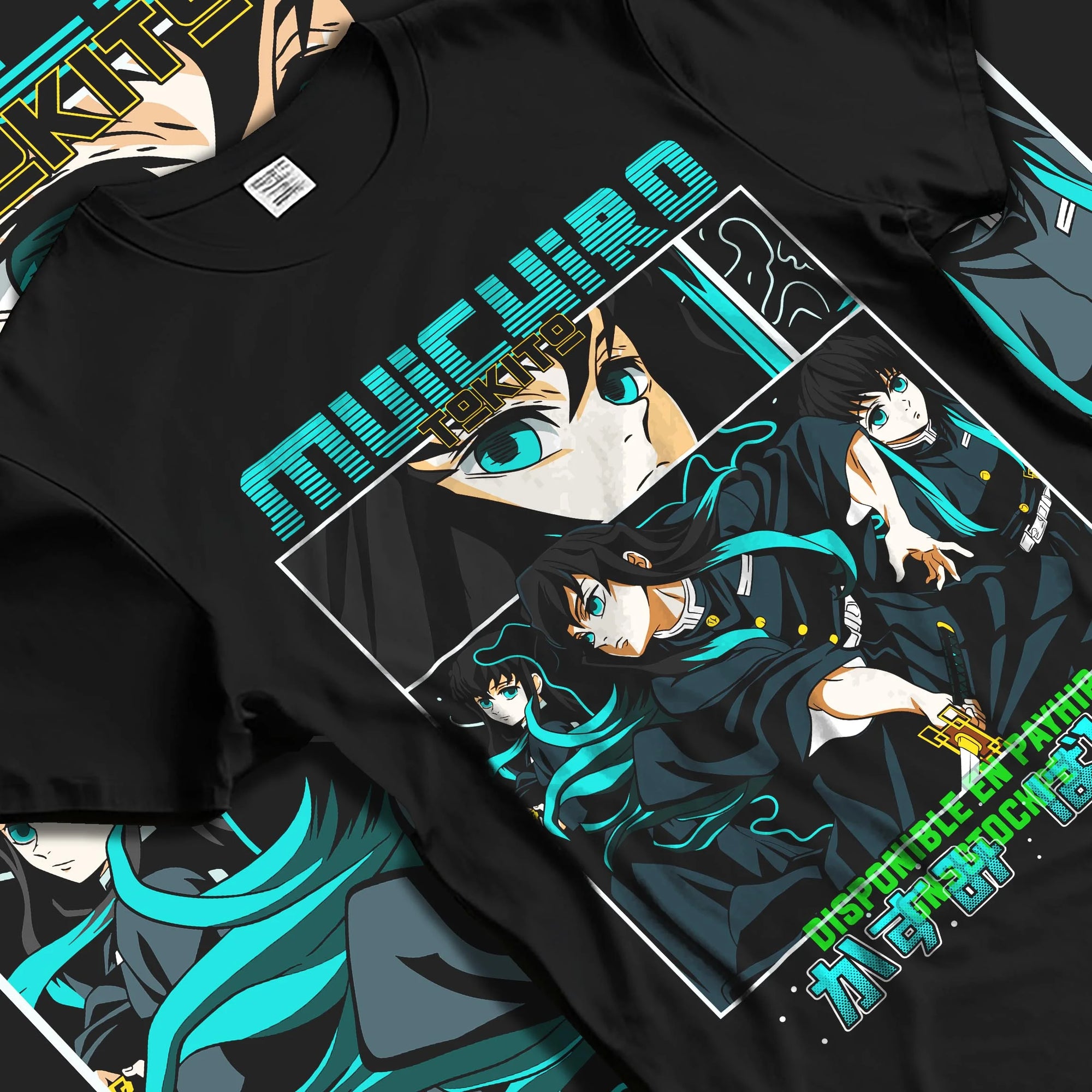 Black T-shirt laid flat with natural folds with Muichiro Tokito Hoodie Demon Slayer Mist Hashira graphic premium wear.