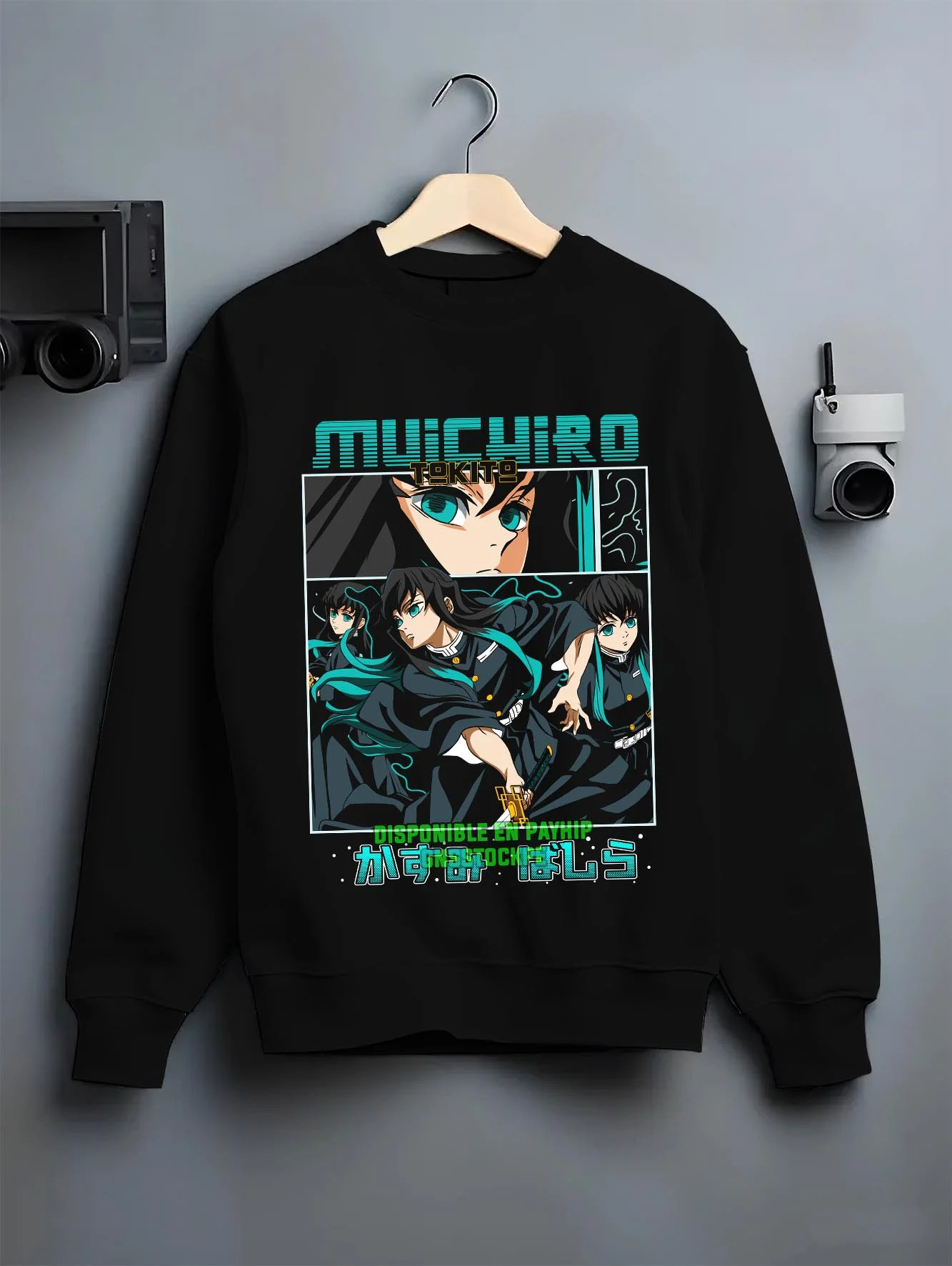Black crewneck sweatshirt on hanger with Muichiro Tokito Hoodie Demon Slayer Mist Hashira graphic bold anime graphic.