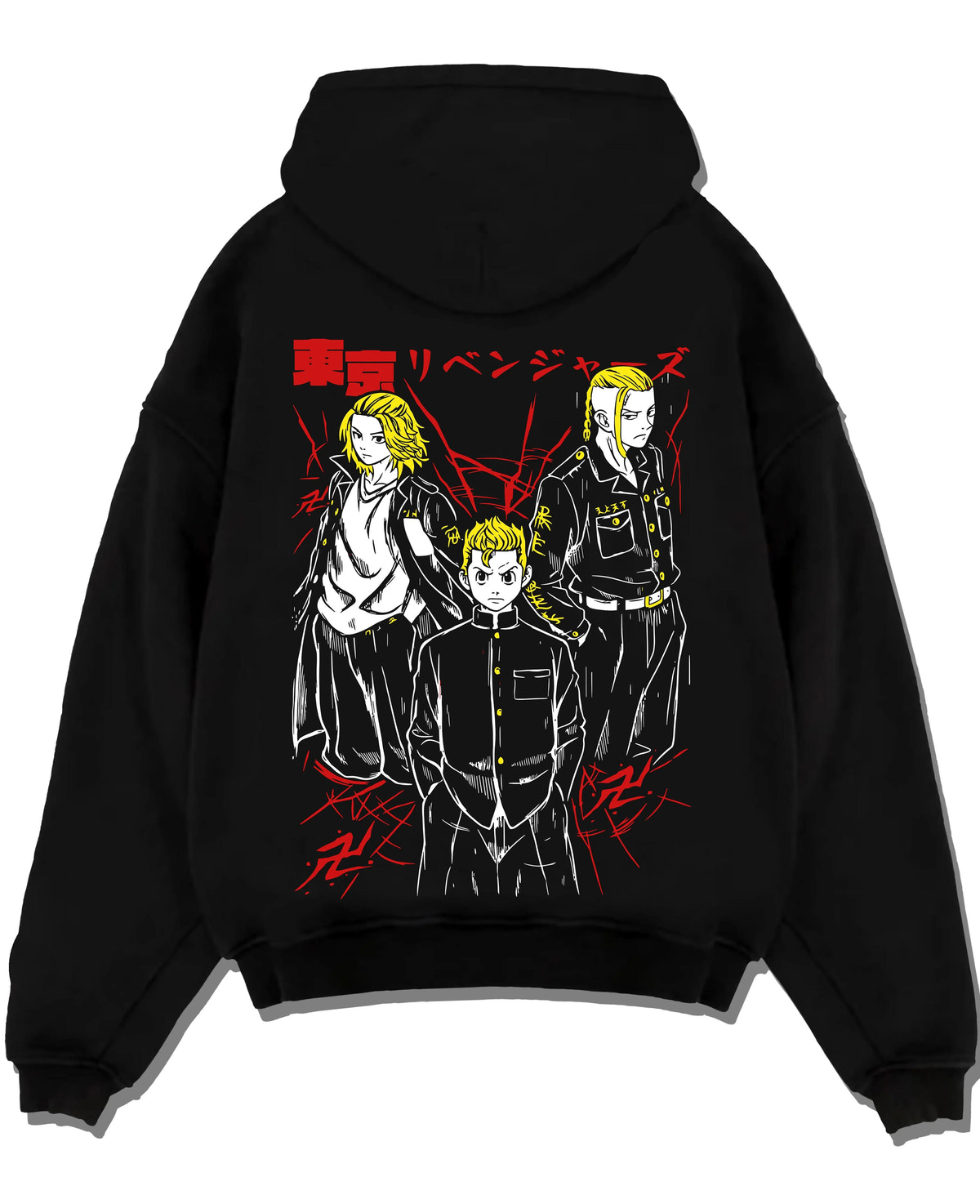 Black hoodie laid flat featuring Mikey, Draken and Mitsuya Toman trio artwork.