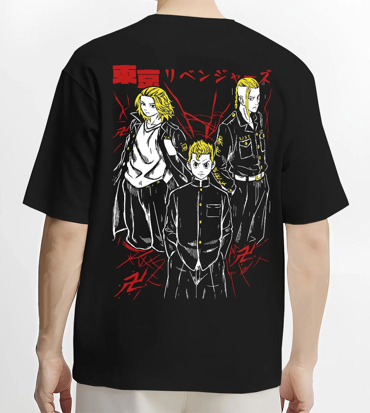 Black T-shirt worn by male model from the back featuring Mikey, Draken and Mitsuya Toman trio artwork.
