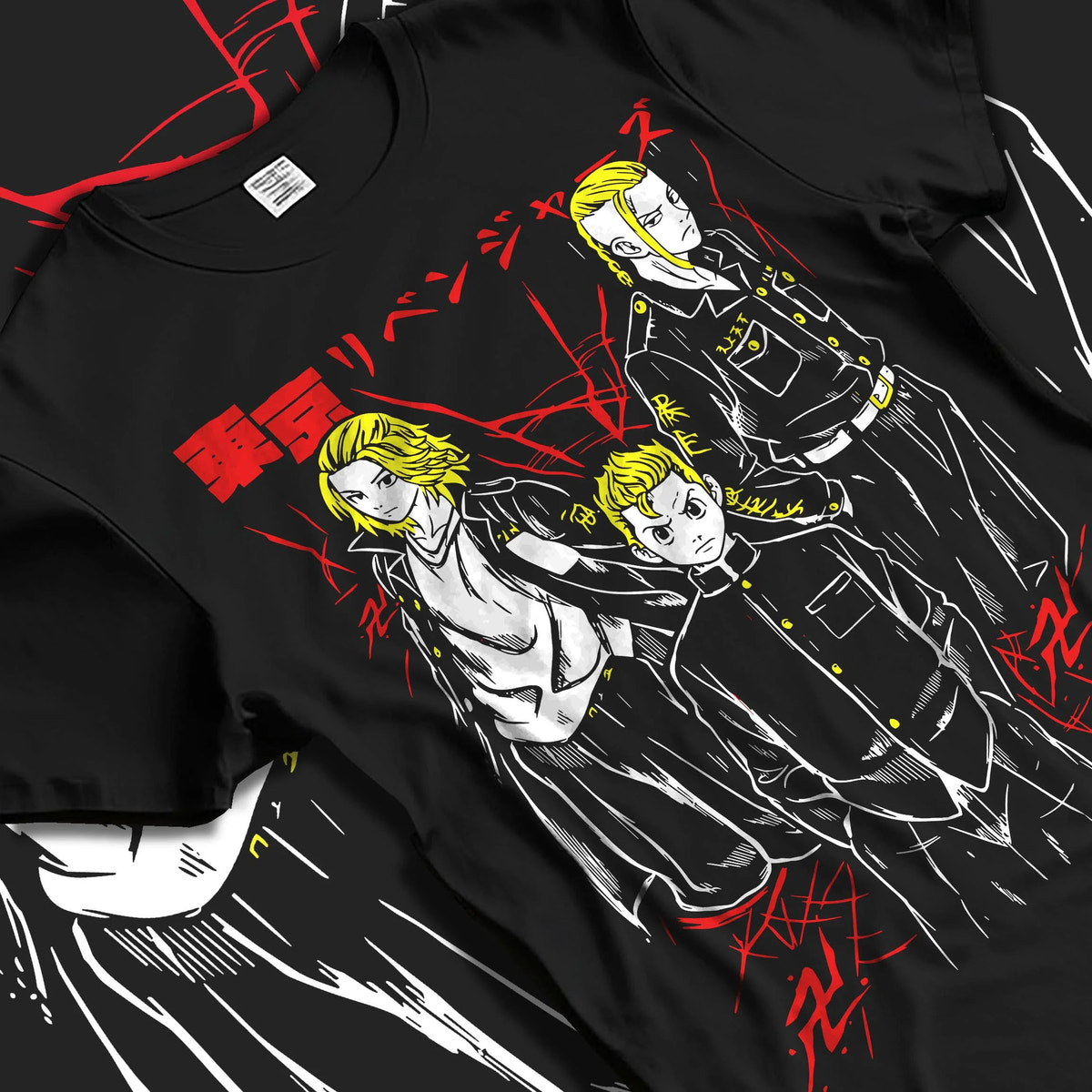 Black T-shirt laid flat with natural folds featuring Mikey, Draken and Mitsuya Toman trio artwork.