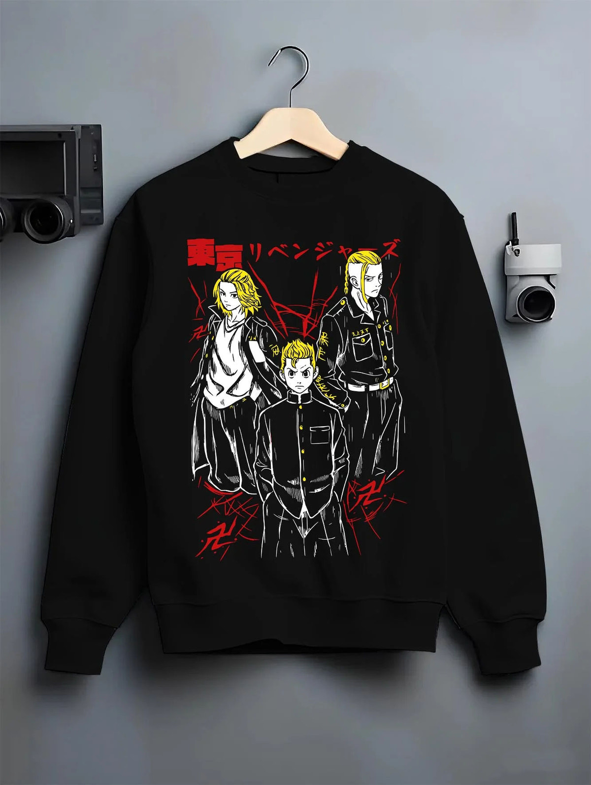 Black crewneck sweatshirt on hanger featuring Mikey, Draken and Mitsuya Toman trio artwork.