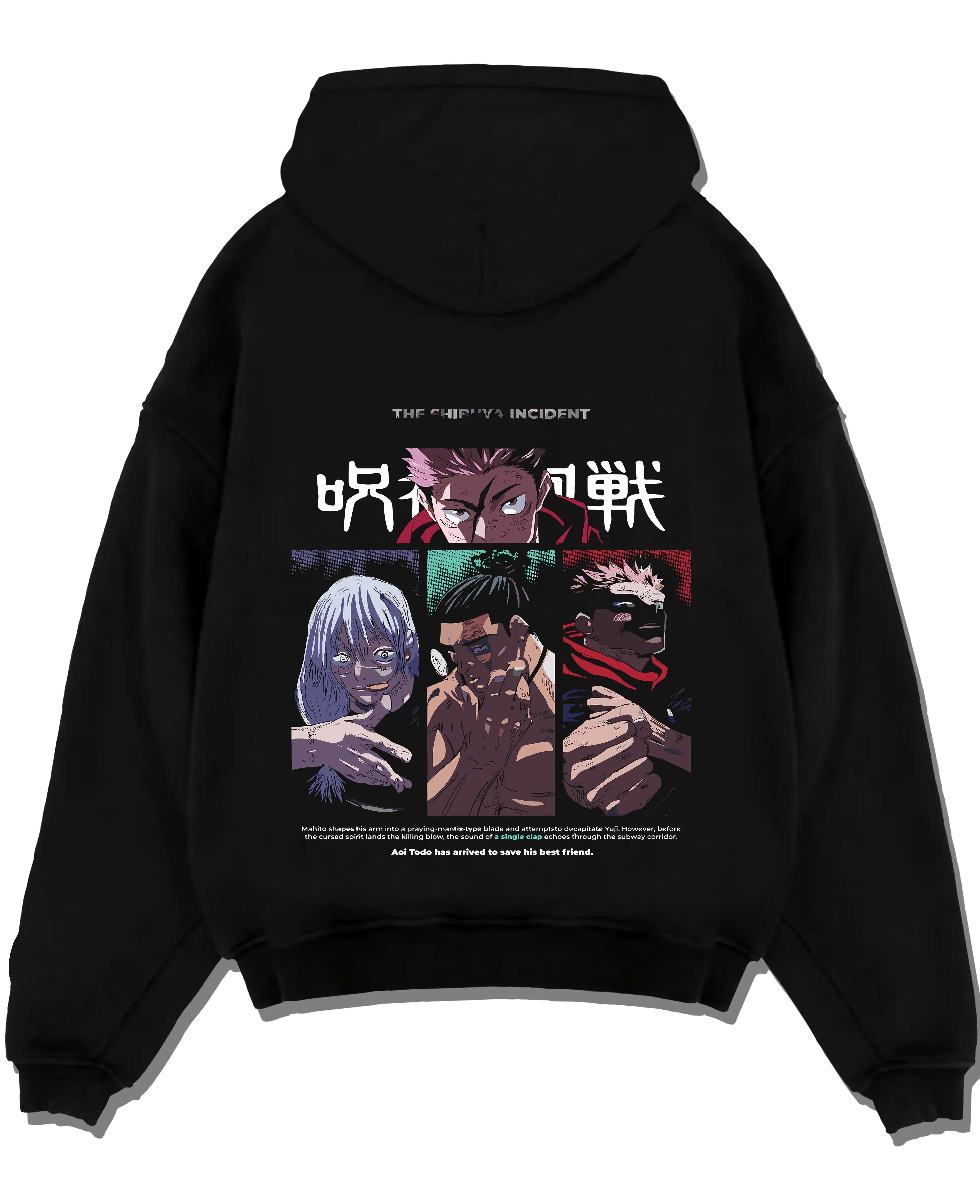 Black pullover hoodie laid flat with Miwa Kasumi Hoodie Jujutsu Kaisen Sorcerer Team graphic streetwear graphic.