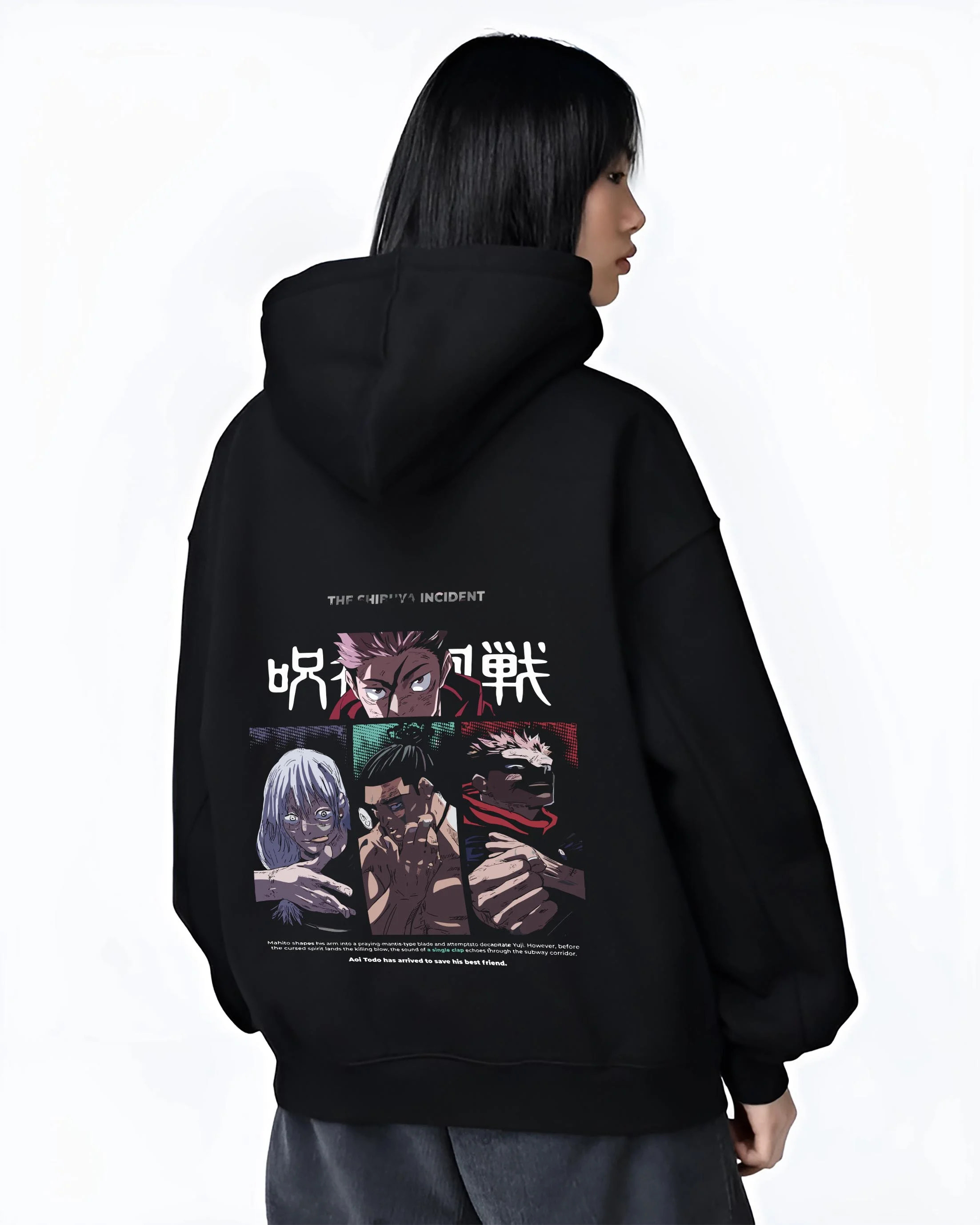 Black hoodie worn by female model, back view with Miwa Kasumi Hoodie Jujutsu Kaisen Sorcerer Team graphic streetwear graphic.