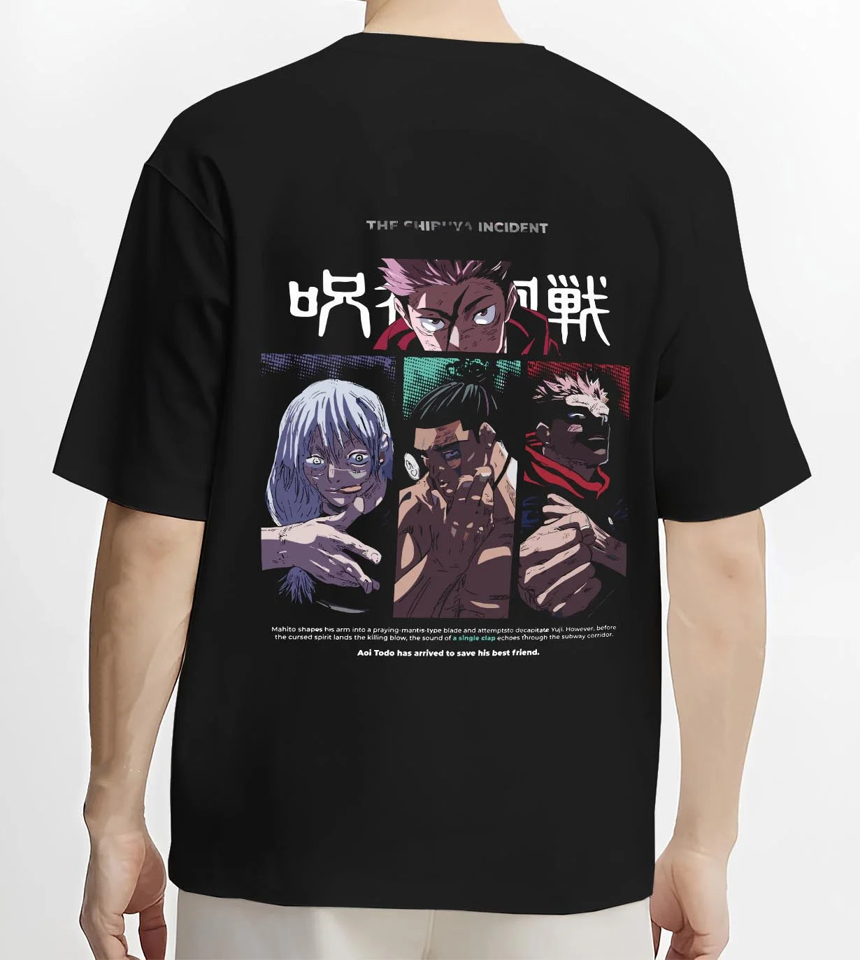 Black T-shirt worn by male model, back view with Miwa Kasumi Hoodie Jujutsu Kaisen Sorcerer Team graphic premium wear.