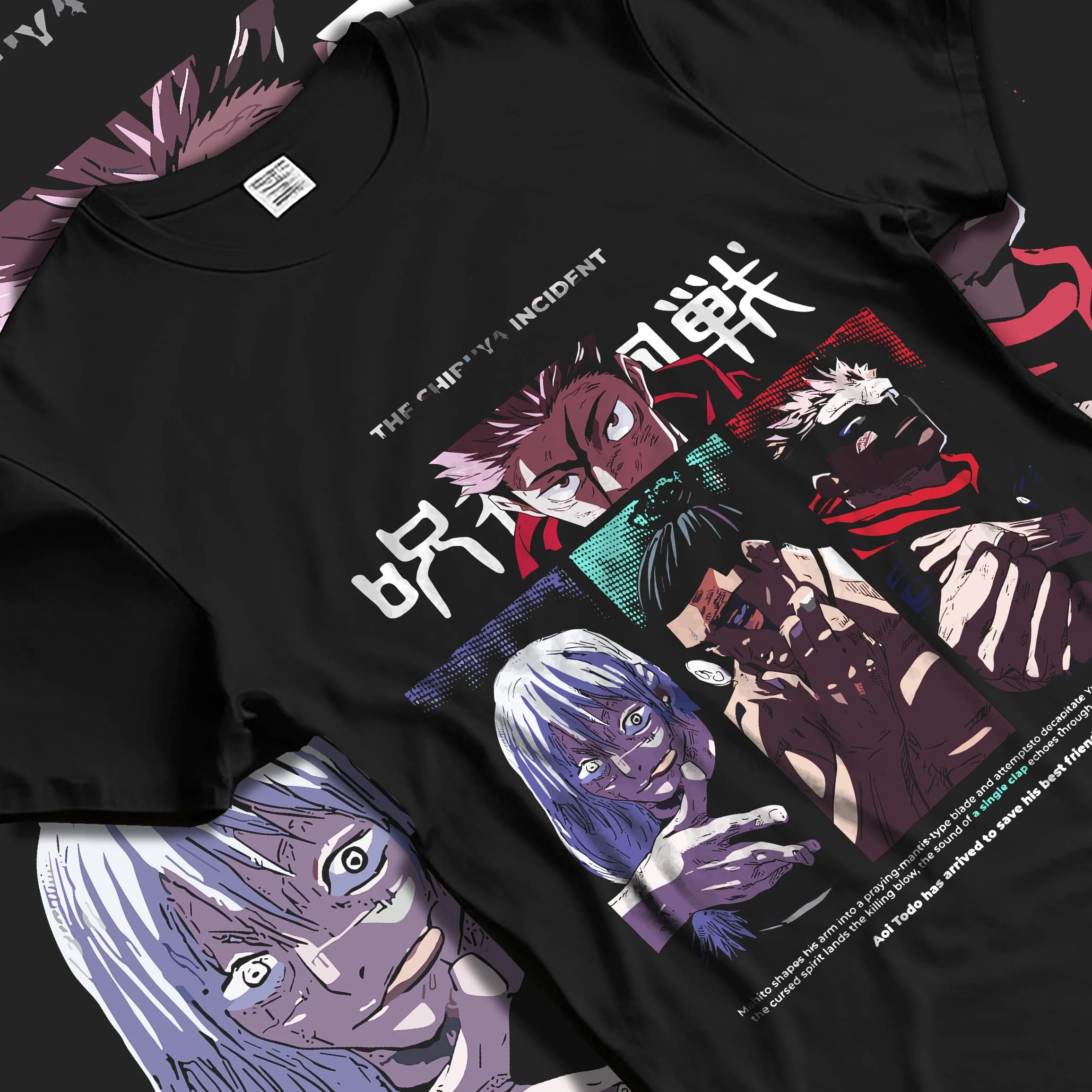 Black T-shirt laid flat with natural folds with Miwa Kasumi Hoodie Jujutsu Kaisen Sorcerer Team graphic streetwear graphic.