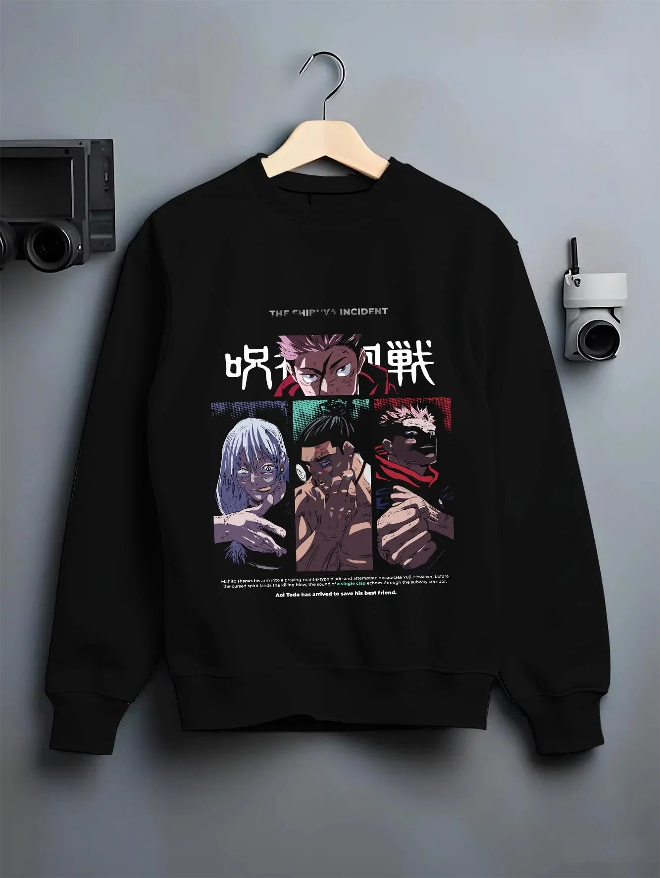 Black crewneck sweatshirt on hanger with Miwa Kasumi Hoodie Jujutsu Kaisen Sorcerer Team graphic bold anime graphic.