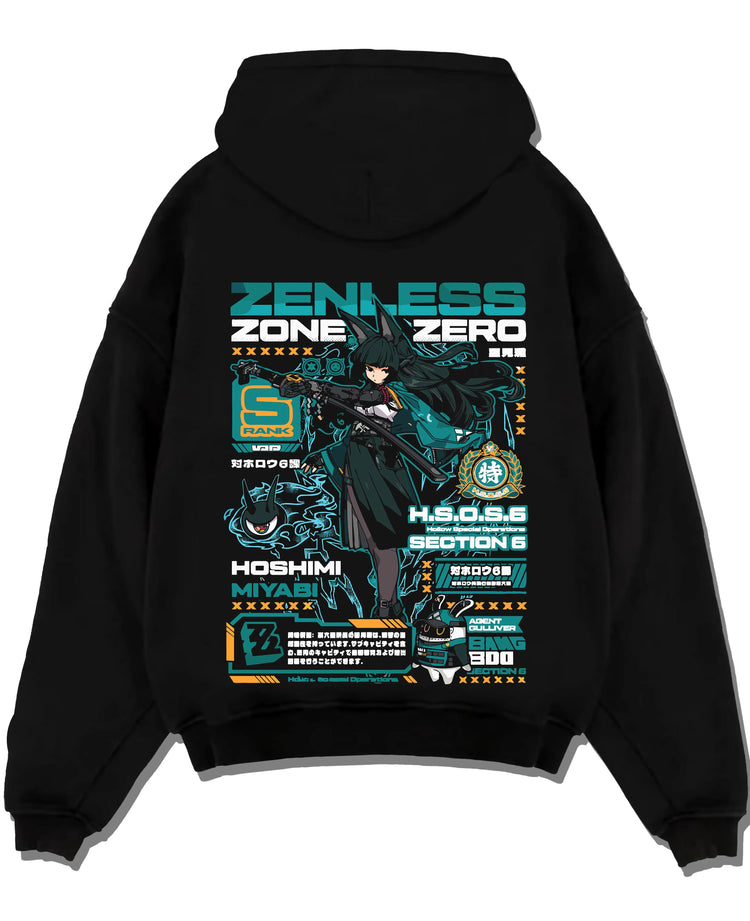 Black pullover hoodie laid flat with Hoshimi Miyabi Hoodie Zenless Zone Zero Combat graphic streetwear graphic.