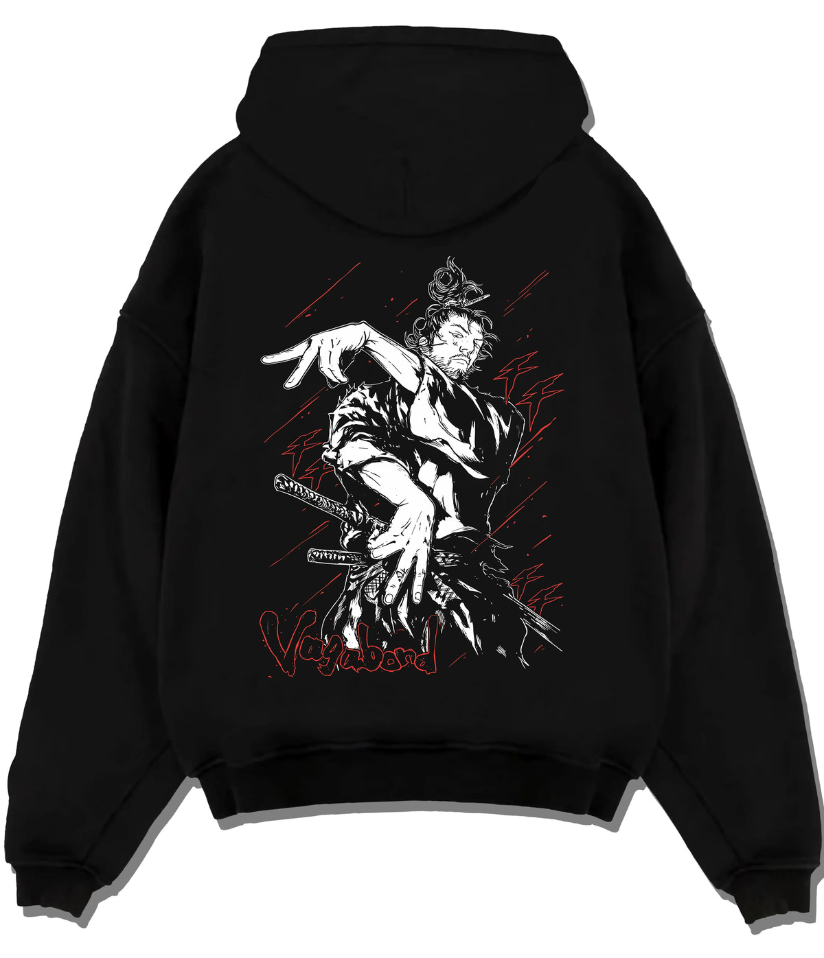Black hoodie flat back view showing Miyamoto Musashi from Vagabond: sword action scene
