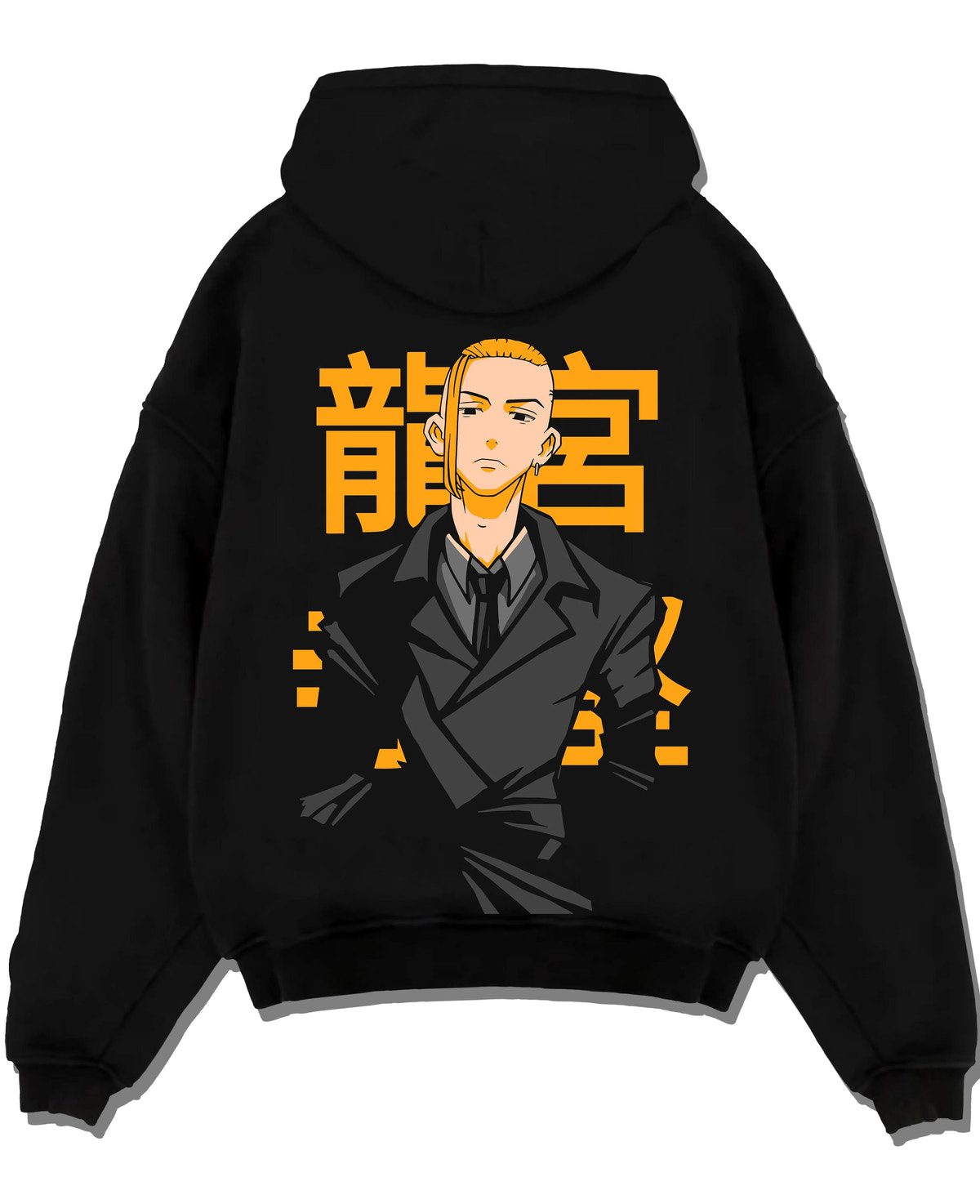 Black hoodie laid flat featuring Manjiro Sano Mikey Toman leader artwork.