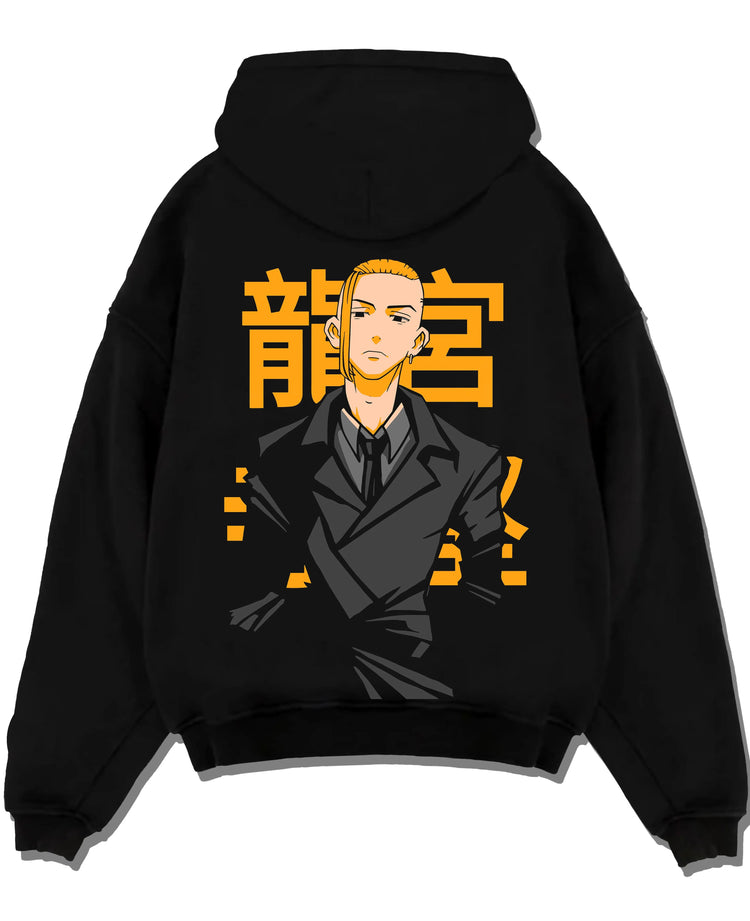 Black hoodie laid flat featuring Manjiro Sano Mikey Toman leader artwork.