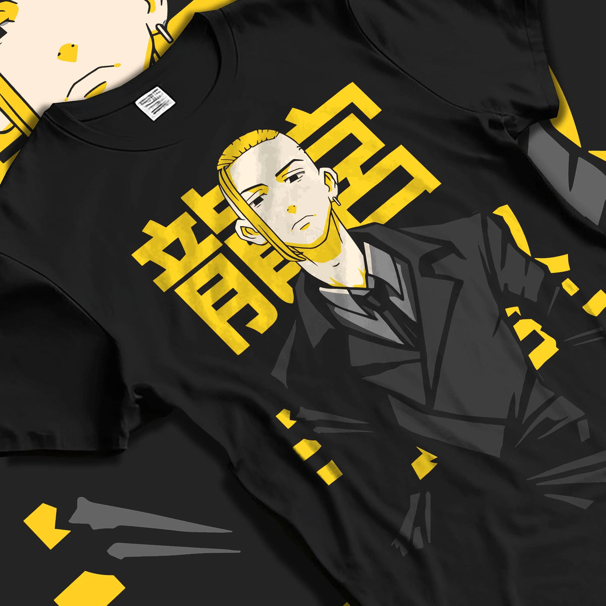 Black T-shirt laid flat with natural folds featuring Manjiro Sano Mikey Toman leader artwork.