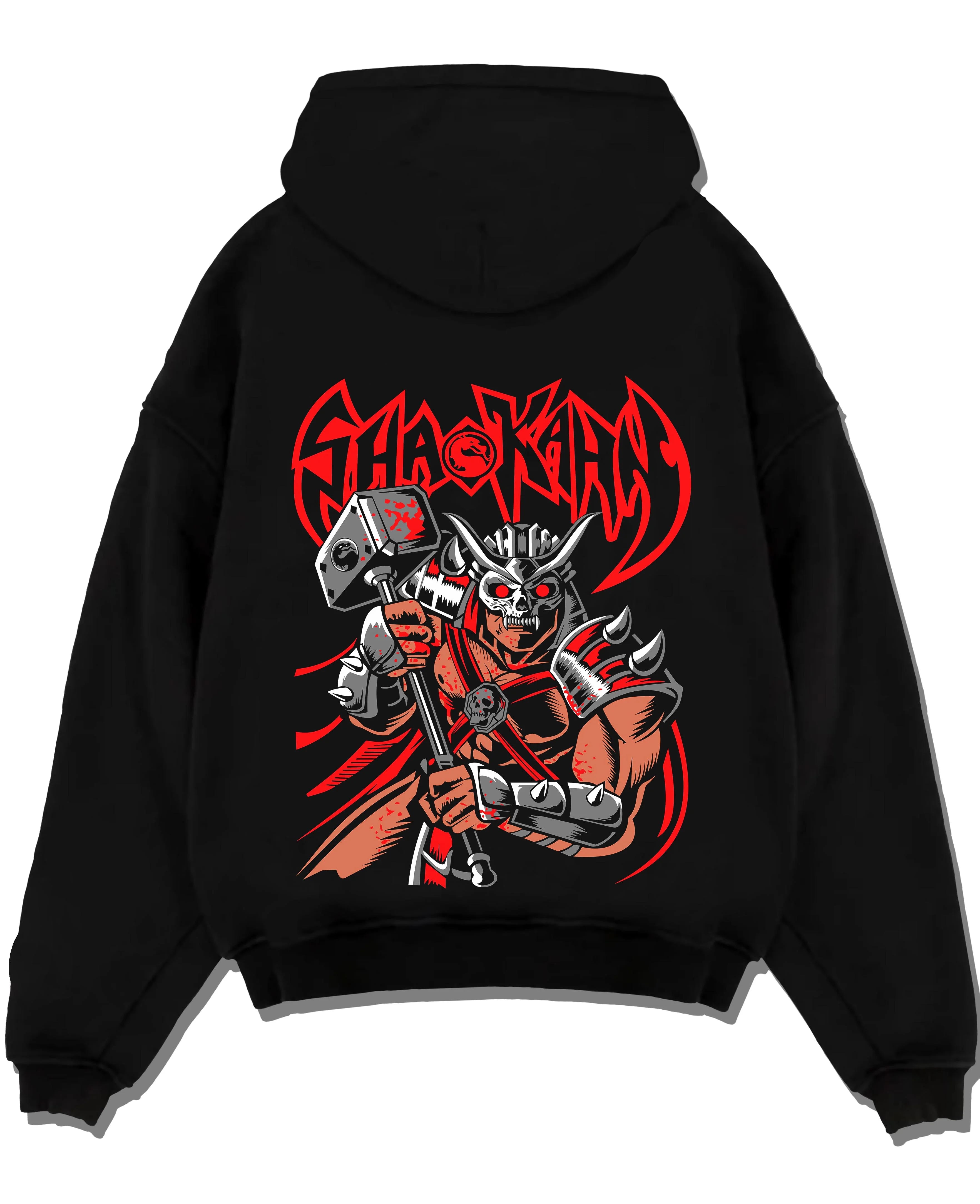 Black pullover hoodie laid flat with Makrost Hoodie Skull Knight Heavy Metal Design graphic bold anime graphic.
