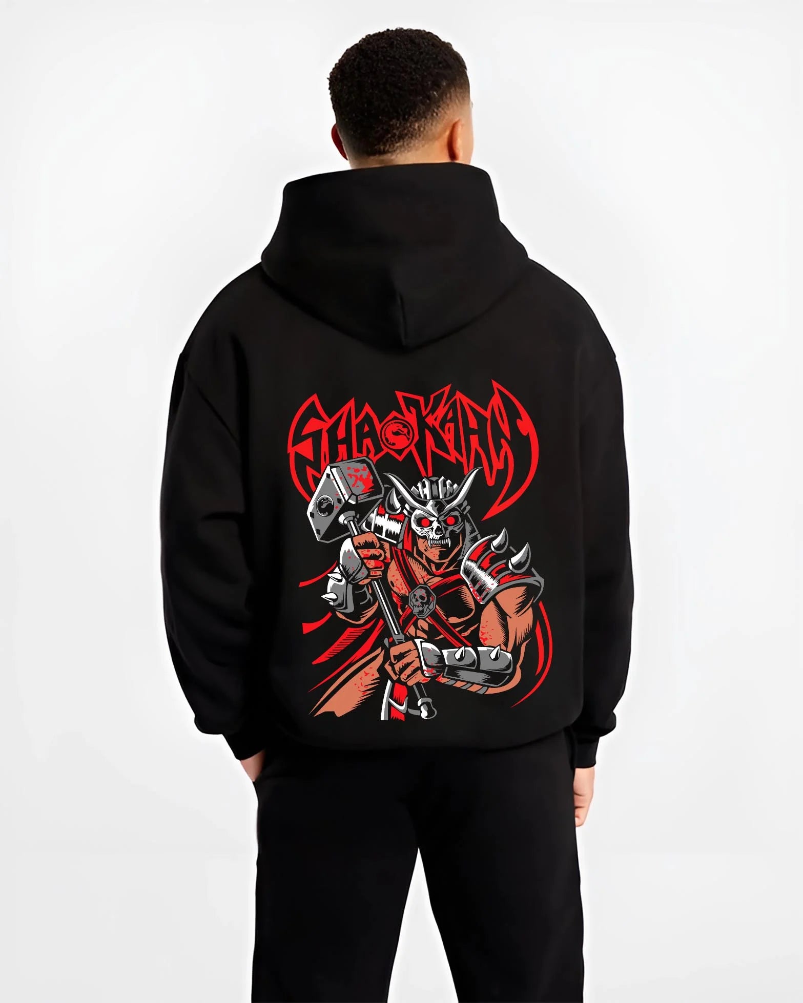 Black hoodie worn by male model, back view with Makrost Hoodie Skull Knight Heavy Metal Design graphic premium wear.