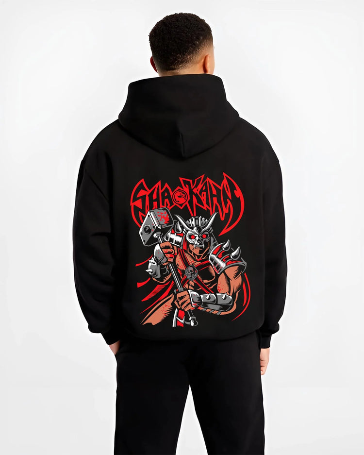 Black hoodie worn by male model, back view with Makrost Hoodie Skull Knight Heavy Metal Design graphic premium wear.