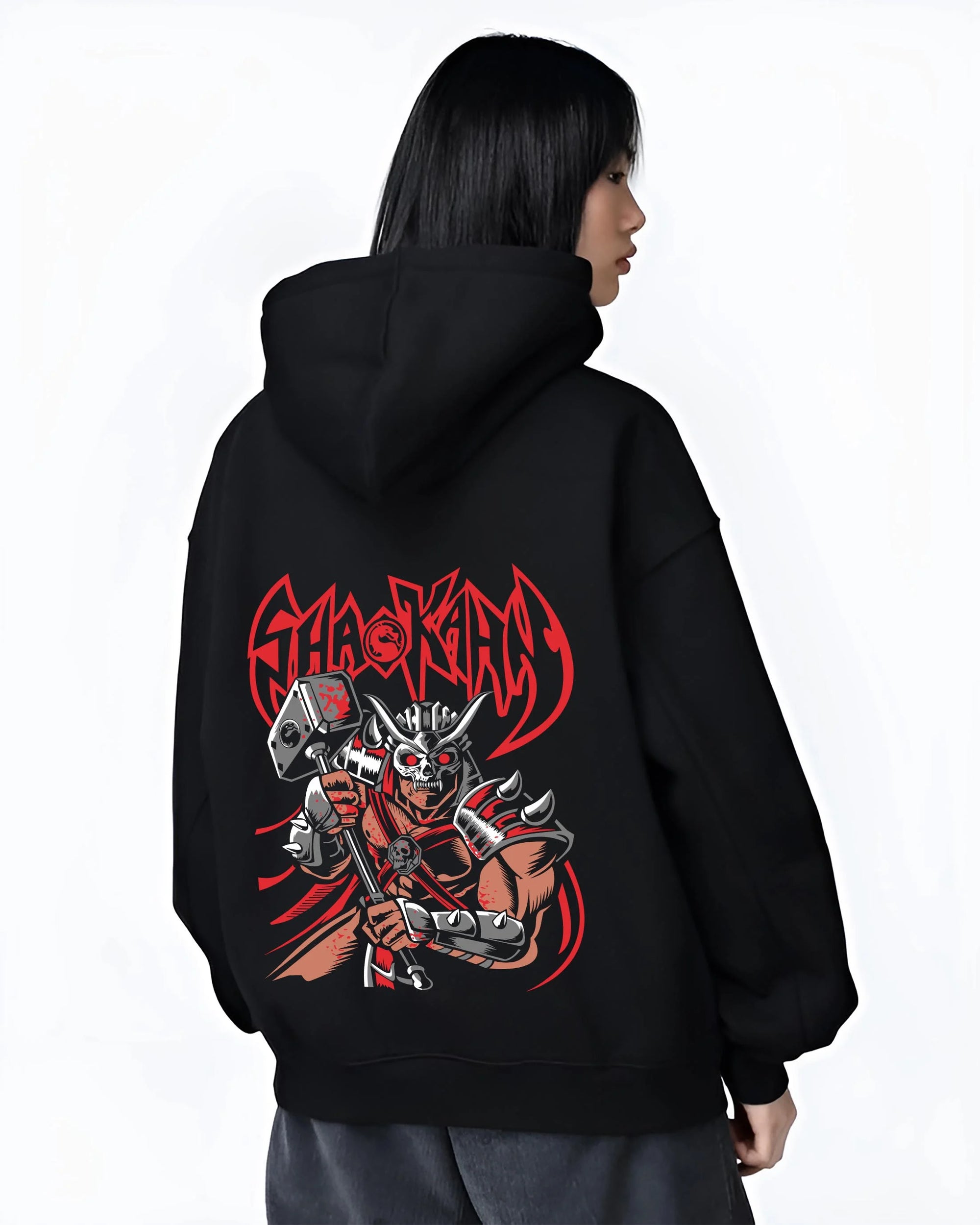 Black hoodie worn by female model, back view with Makrost Hoodie Skull Knight Heavy Metal Design graphic bold anime graphic.