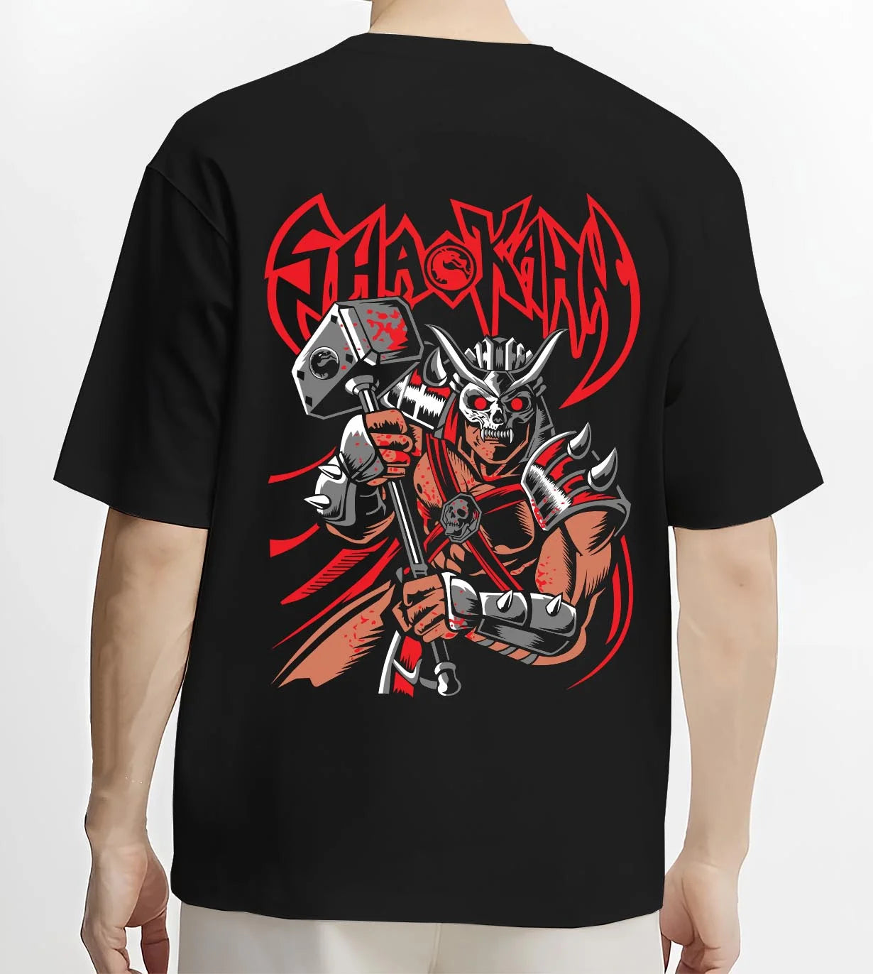 Black T-shirt worn by male model, back view with Makrost Hoodie Skull Knight Heavy Metal Design graphic premium wear.
