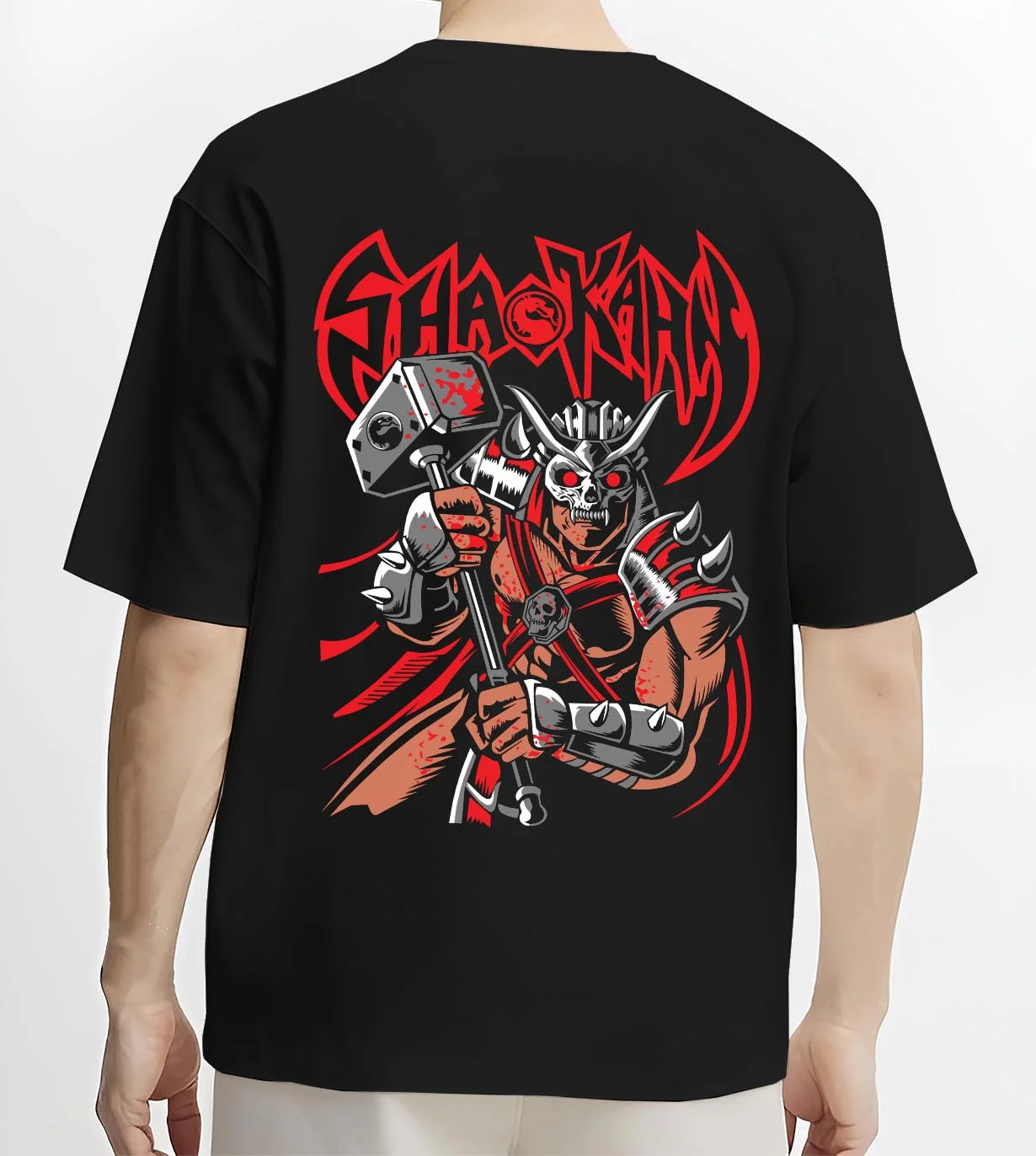 Black T-shirt worn by male model, back view with Makrost Hoodie Skull Knight Heavy Metal Design graphic premium wear.