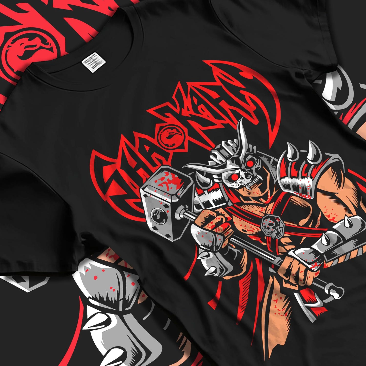 Black T-shirt laid flat with natural folds with Makrost Hoodie Skull Knight Heavy Metal Design graphic bold anime graphic.