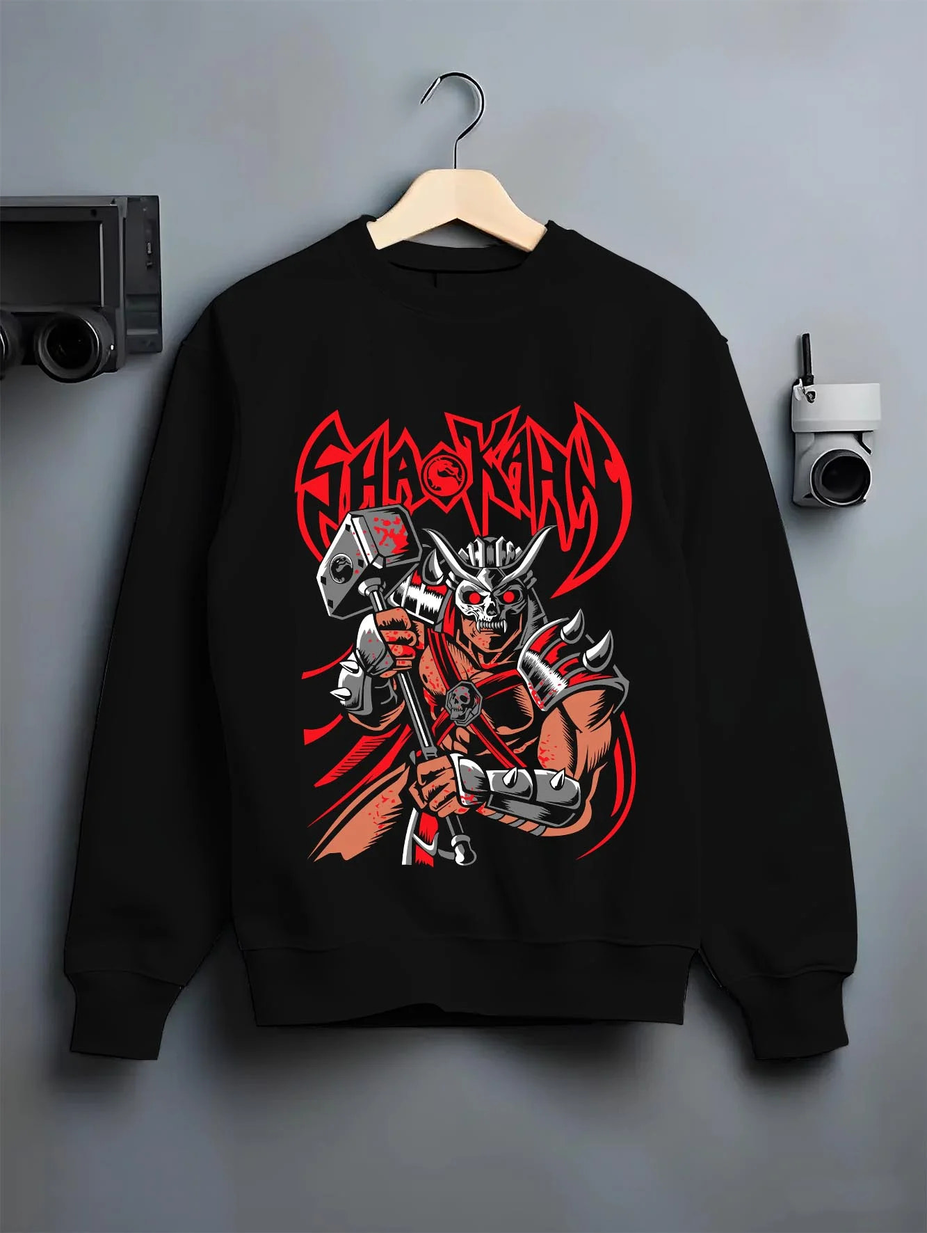 Black crewneck sweatshirt on hanger with Makrost Hoodie Skull Knight Heavy Metal Design graphic bold anime graphic.