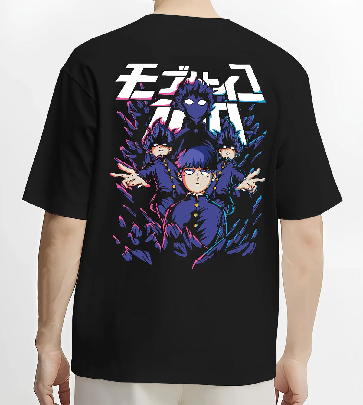 Black T-shirt model back view showing Mob Psycho 100: Mob and spirits and cast ensemble