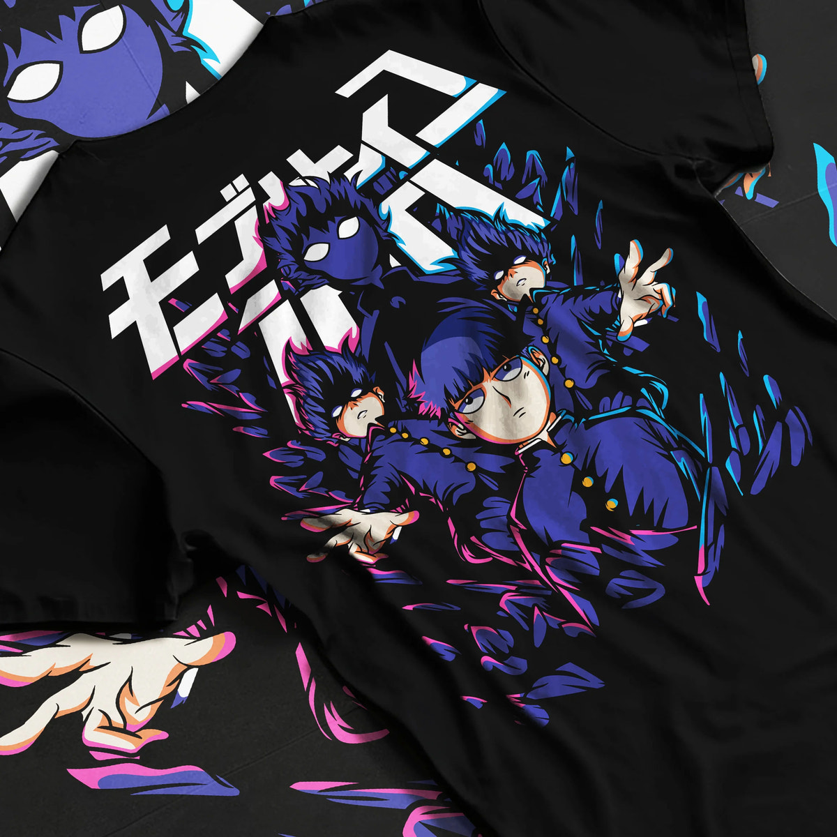 Black T-shirt flat back view showing Mob Psycho 100: Mob and spirits and cast ensemble