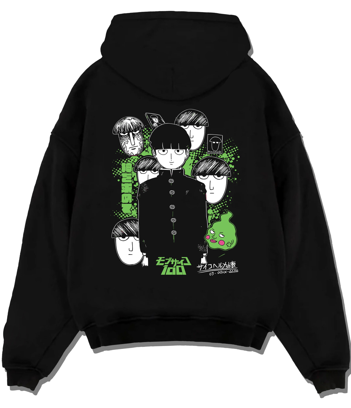 Black hoodie flat back view with Mob, Reigen Arataka and Mob Psycho 100 cast illustrated back graphic