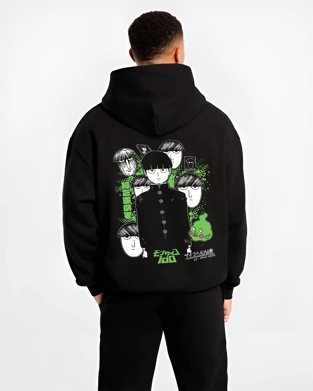 Black hoodie model back view with Mob, Reigen Arataka and Mob Psycho 100 cast illustrated back graphic