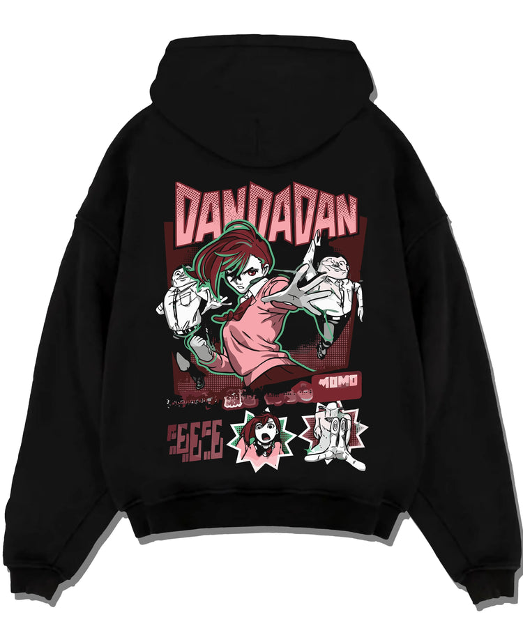 Black pullover hoodie laid flat with Okarun Hoodie Dandadan Paranormal Spirit Battle graphic Okarun anime design.