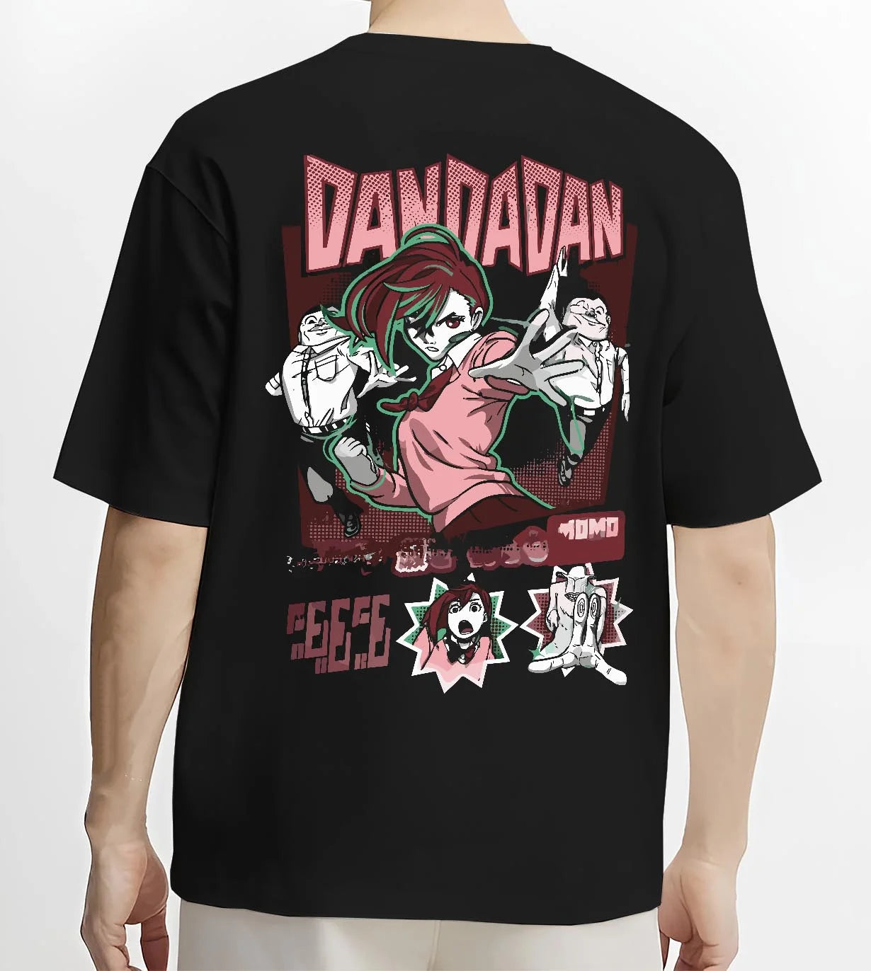 Black T-shirt worn by male model, back view with Okarun Hoodie Dandadan Paranormal Spirit Battle graphic premium wear.