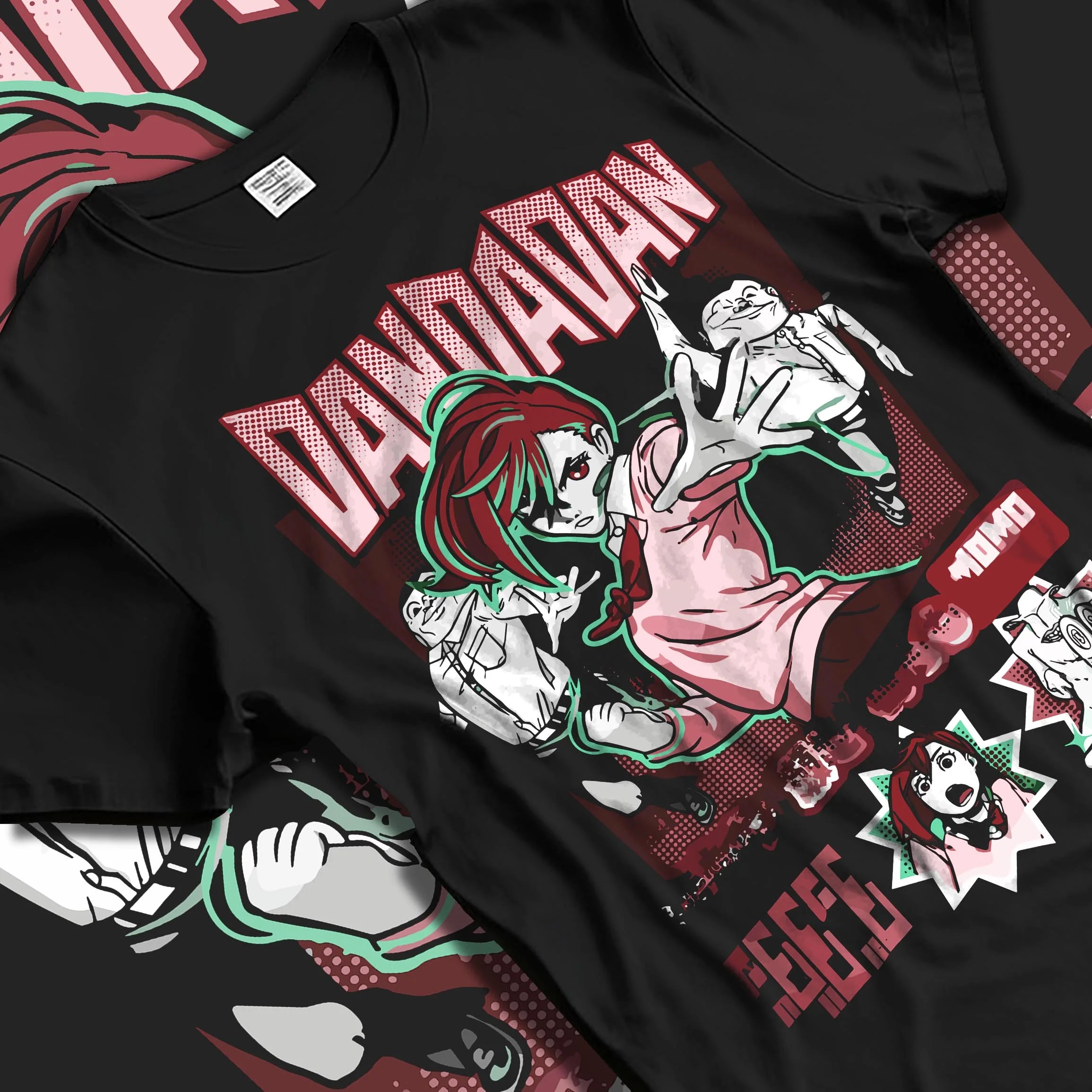 Black T-shirt laid flat with natural folds with Okarun Hoodie Dandadan Paranormal Spirit Battle graphic bold anime graphic.