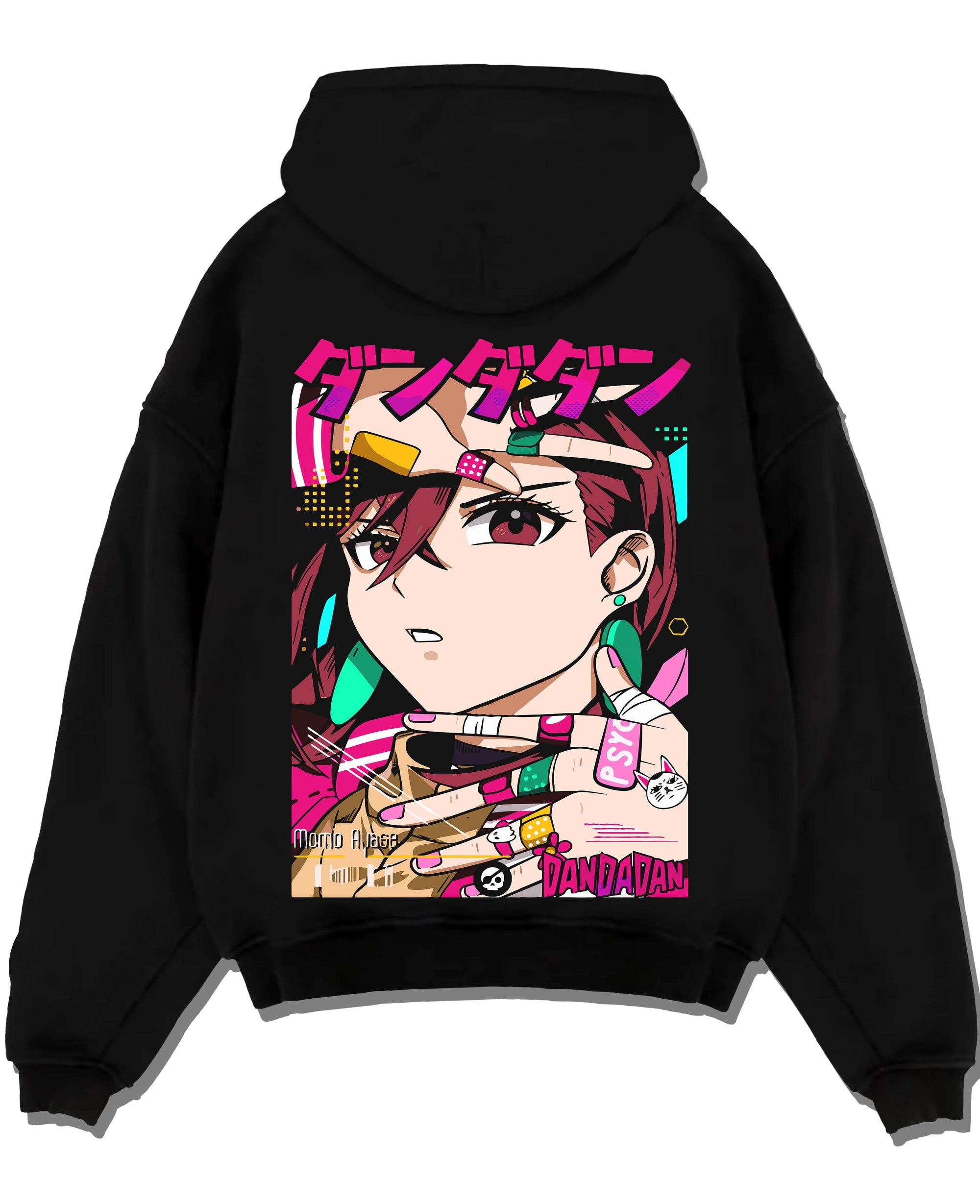 Black pullover hoodie laid flat with Momo Ayase Hoodie Dandadan Paranormal Girl Fighter graphic premium wear.