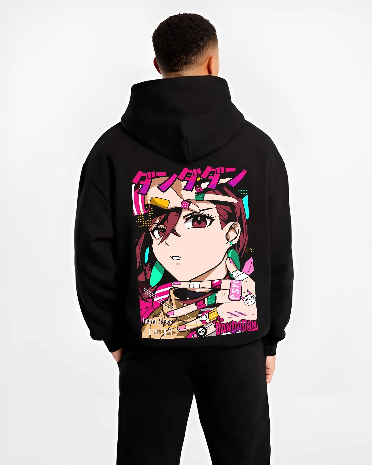 Black hoodie worn by male model, back view with Momo Ayase Hoodie Dandadan Paranormal Girl Fighter graphic premium wear.