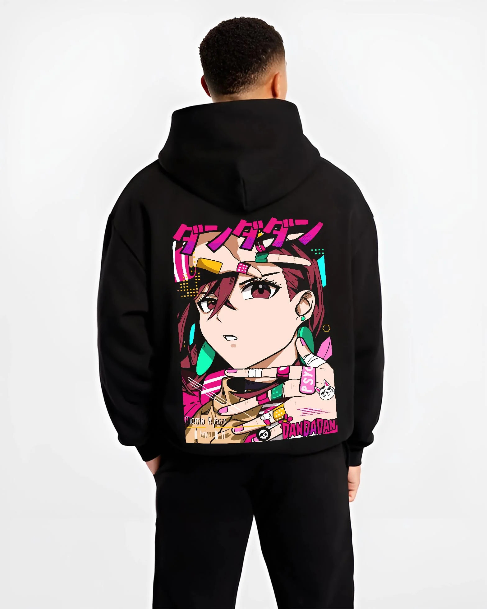 Black hoodie worn by male model, back view with Momo Ayase Hoodie Dandadan Paranormal Girl Fighter graphic premium wear.