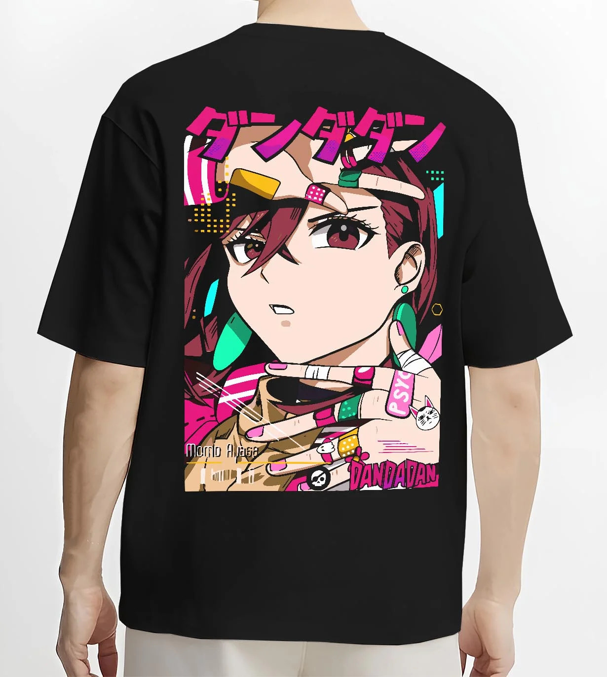 Black T-shirt worn by male model, back view with Momo Ayase Hoodie Dandadan Paranormal Girl Fighter graphic premium wear.