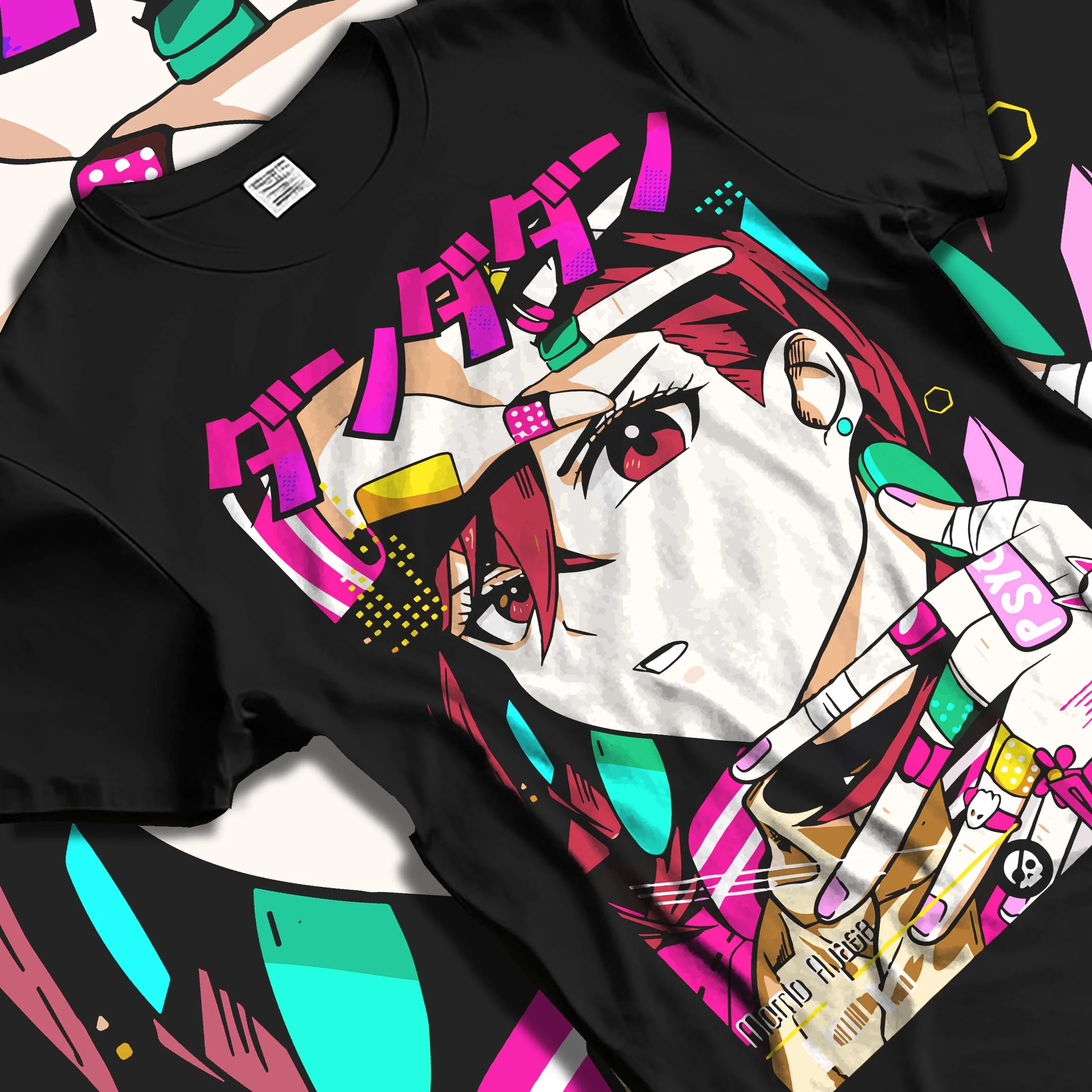 Black T-shirt laid flat with natural folds with Momo Ayase Hoodie Dandadan Paranormal Girl Fighter graphic bold anime graphic.