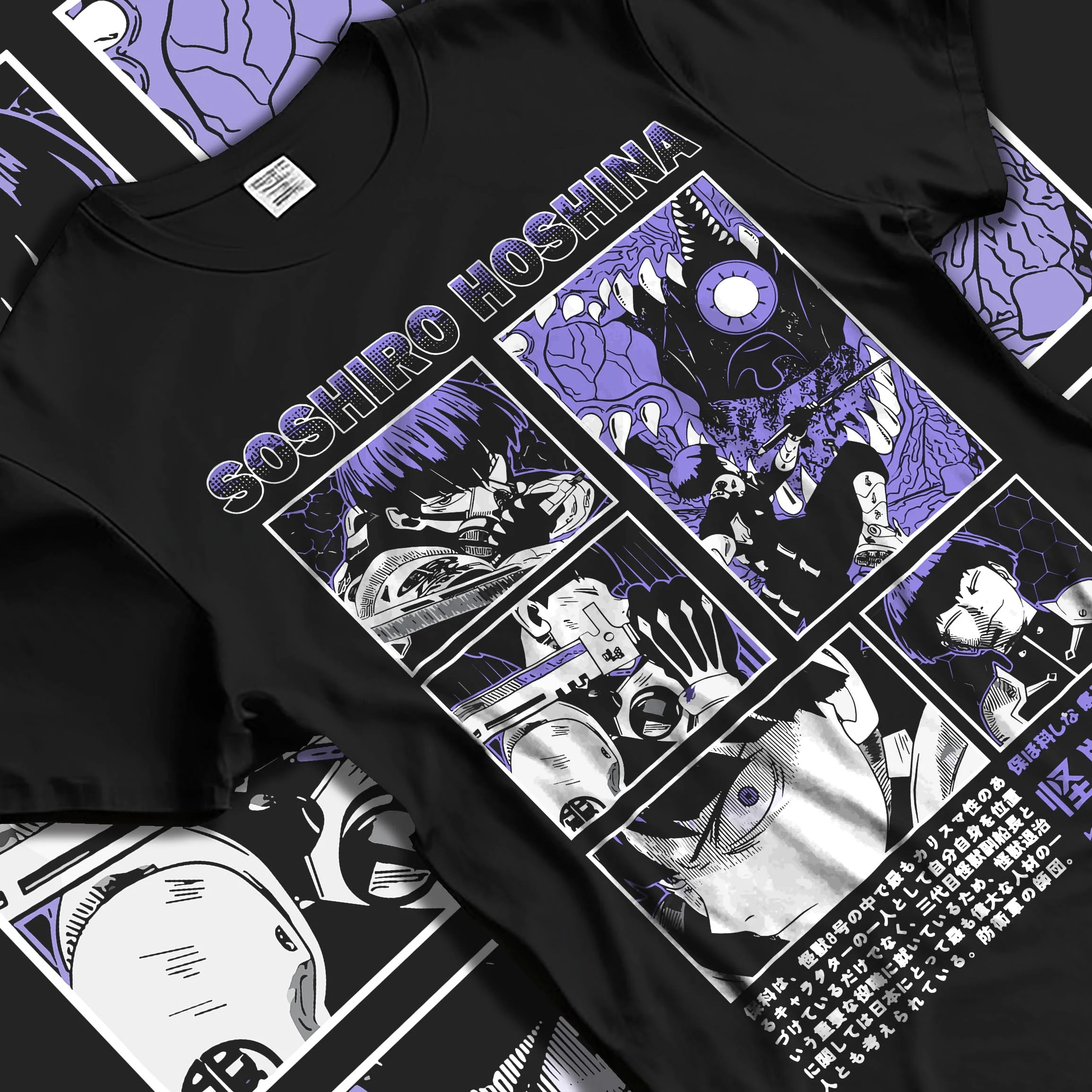 Black T-shirt laid flat with natural folds with Soshiro Hoshina Hoodie Kaiju No. 8 Battle Panel graphic premium wear.