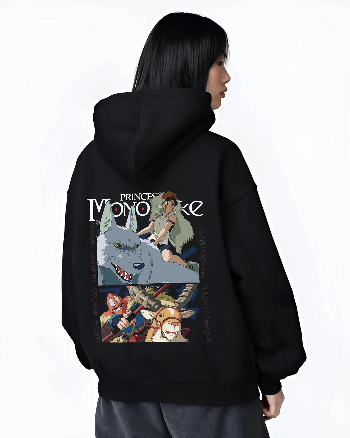 Black hoodie worn by female model from the back featuring San and the wolf clan artwork.